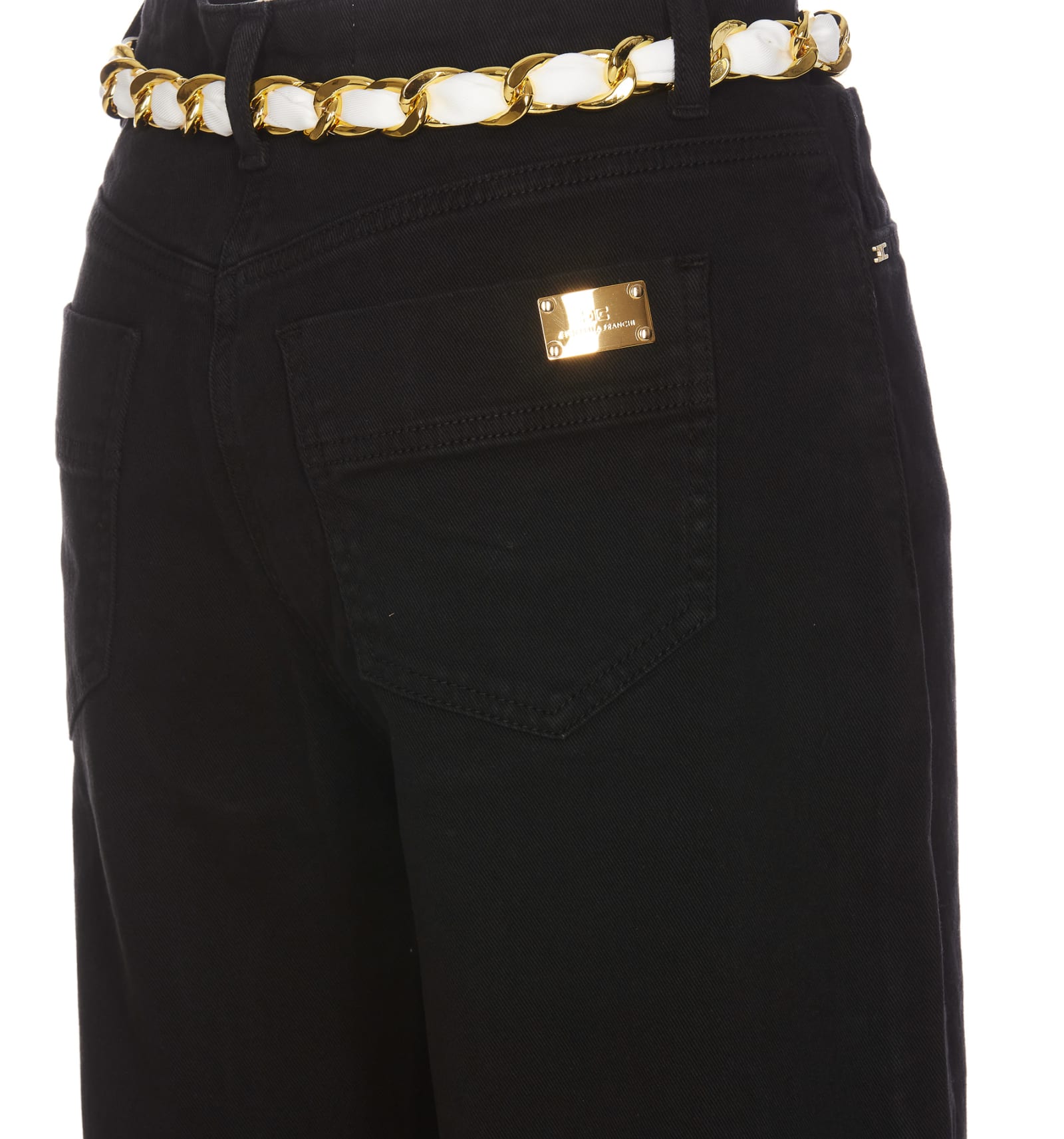 Shop Elisabetta Franchi Cropped Wide Jeans With Chain Belt In Black