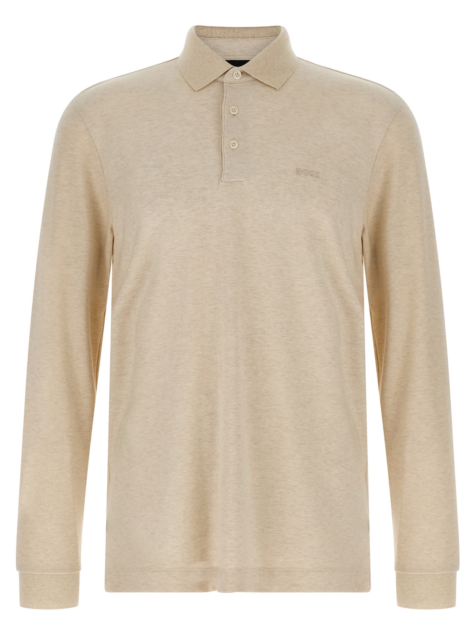 Hugo Boss Embroidery-logo Long-sleeve Polo Shirt In Brown