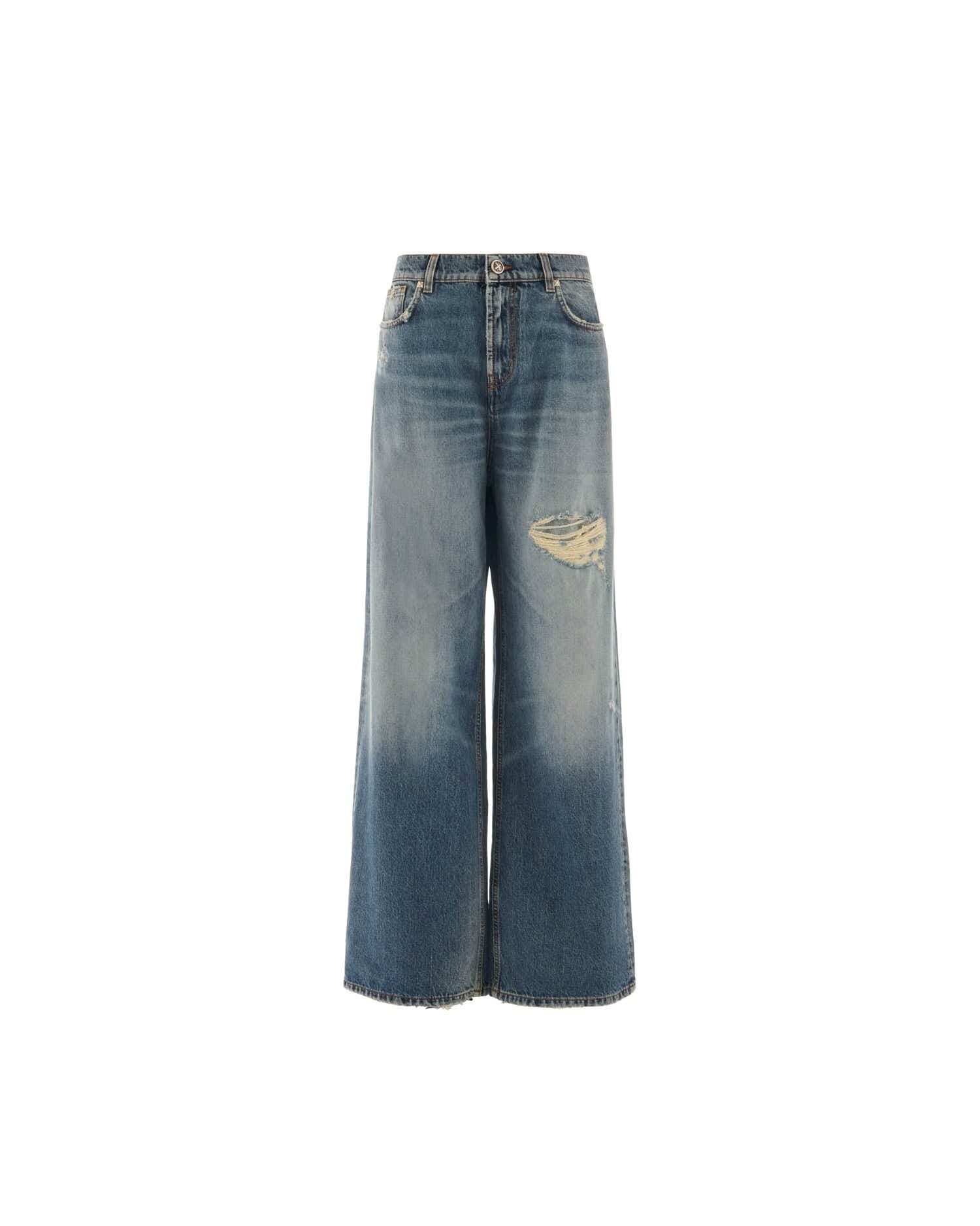 Discoloured Wash Wide Leg Jeans With Tear