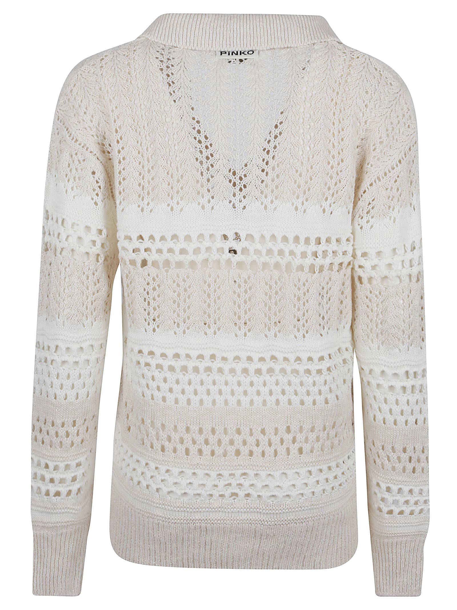 Pinko Textured Knit White Sweater With Stylish Collar In Bianco Bianco
