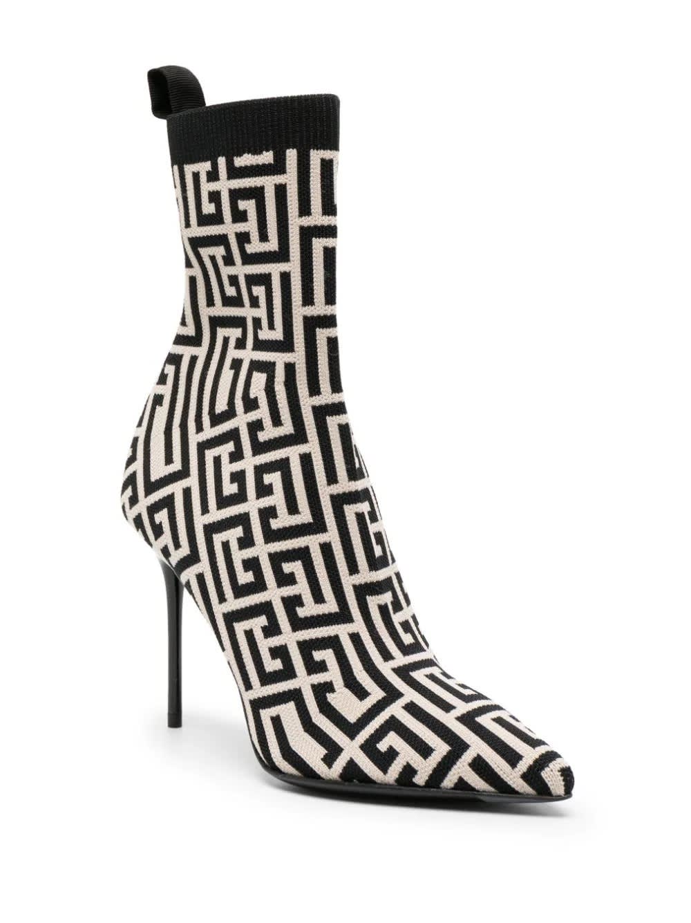 Shop Balmain Black And Ivory Knitted Monogram Ankle Boots
