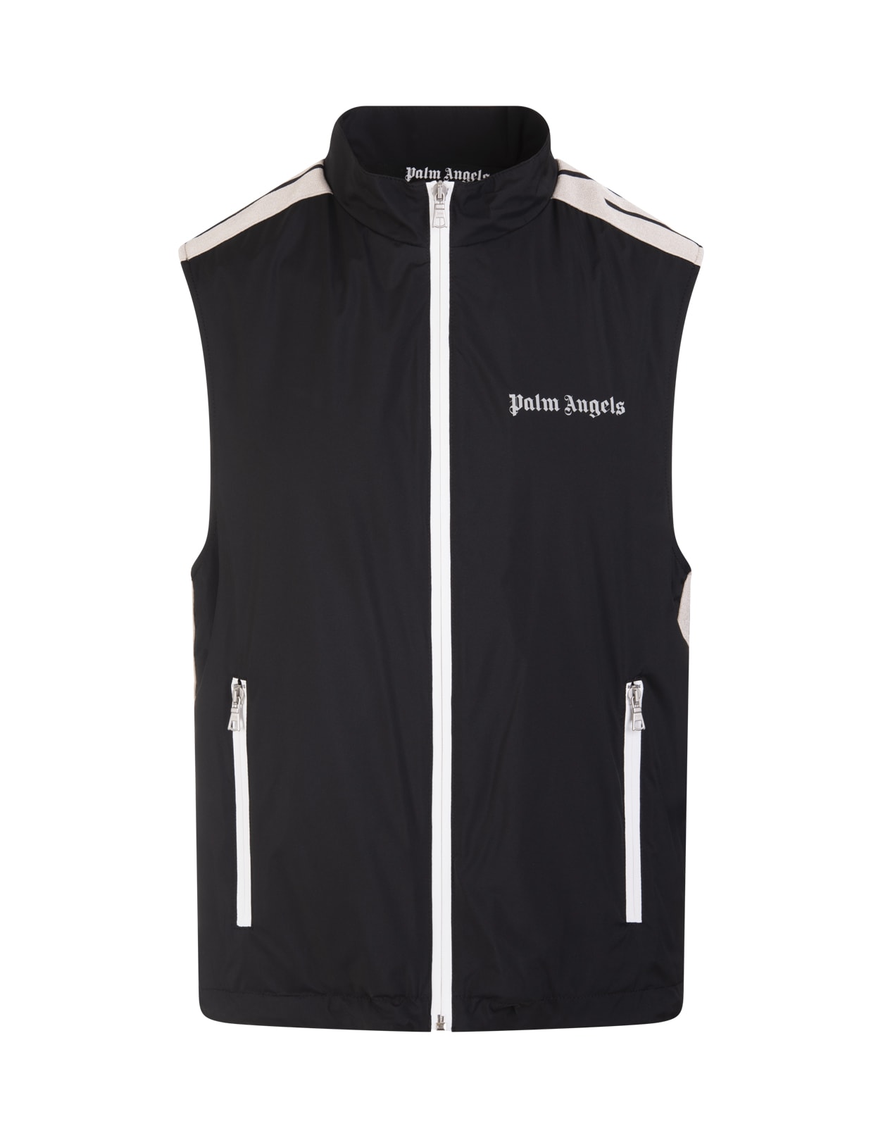 Palm Angels Man Sleeveless Jacket In Black And White Technical Fabric
