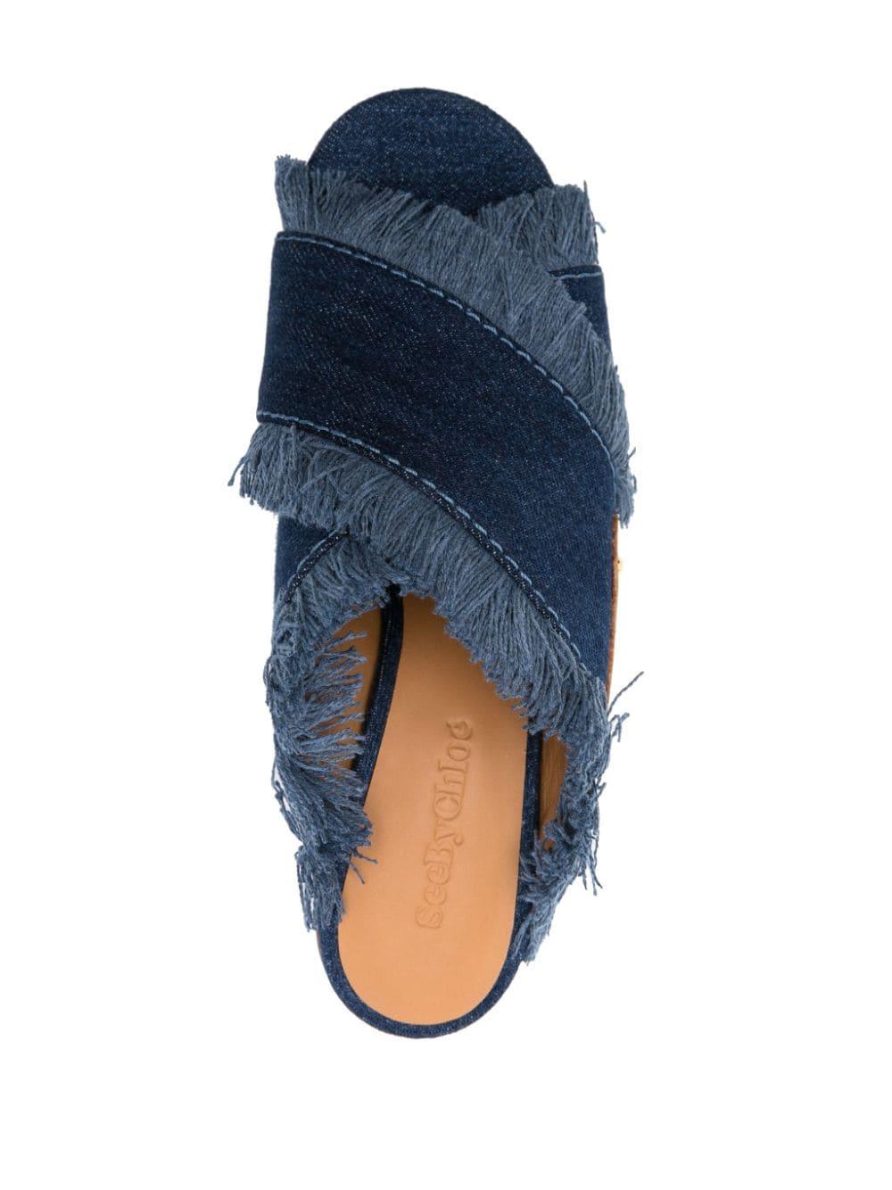 Shop See By Chloé 100mm Frayed-detailing Denim Mules In Tan