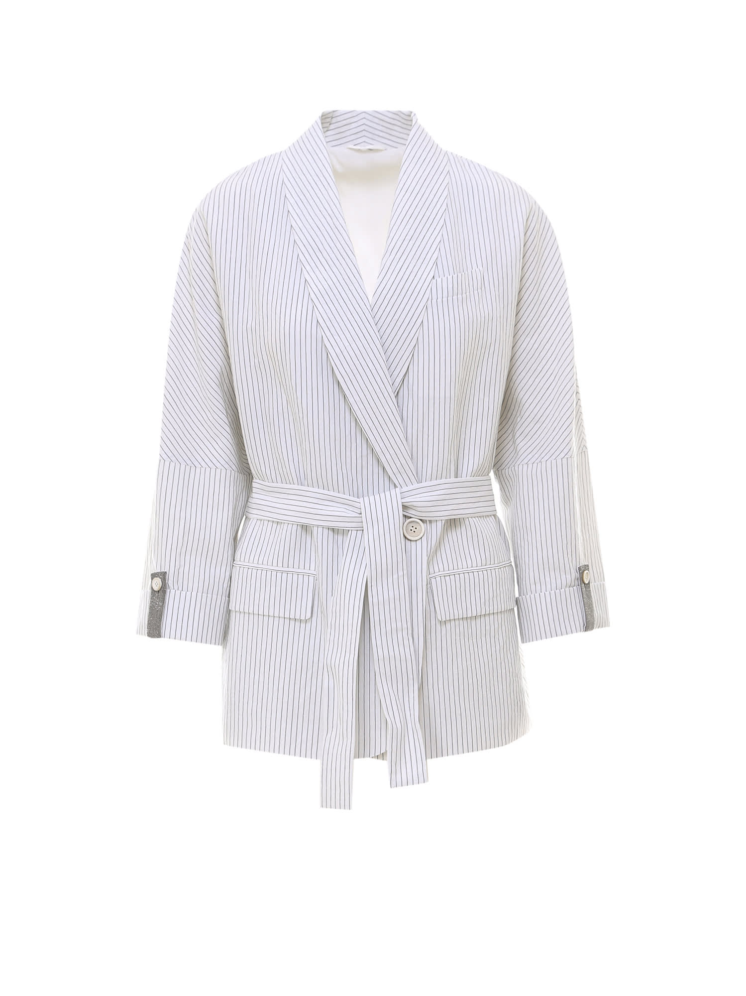 Brunello Cucinelli Belted Pinstriped Cotton And Linen-blend Blazer In White