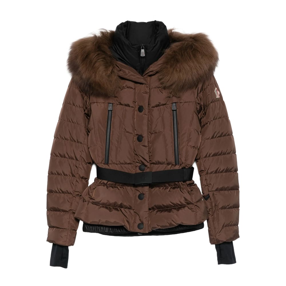 Moncler Belted Puffer Jacket In Brown
