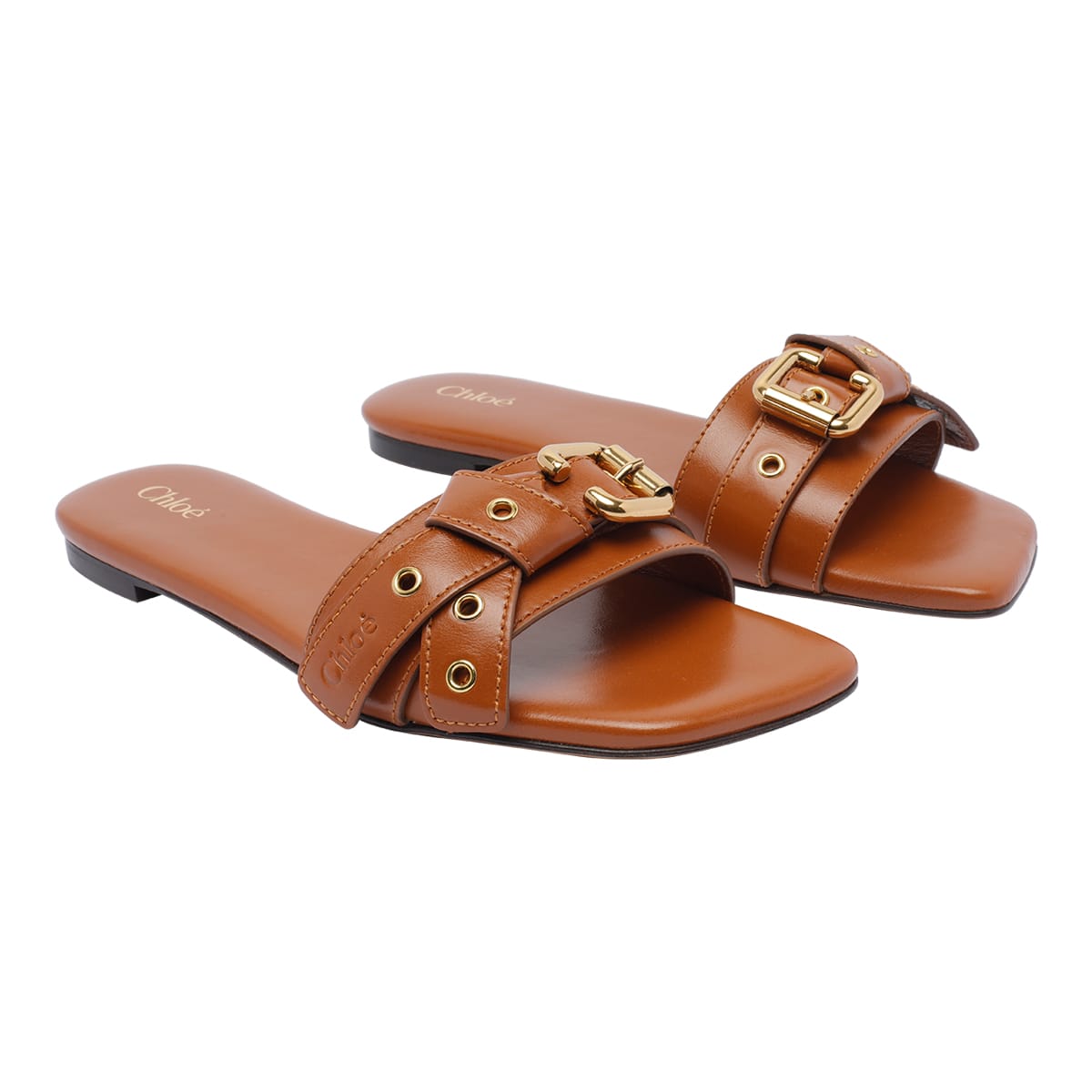 Chloé Mae Leather Buckle Flat Slide Sandals In Brown