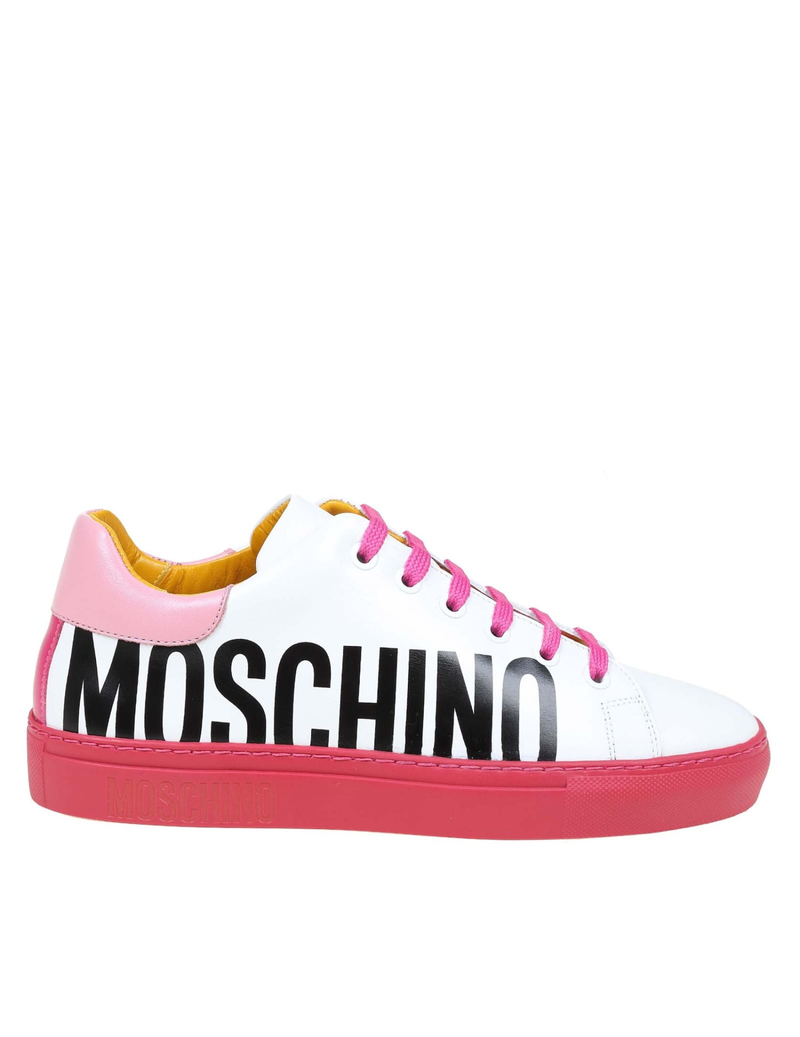 Buy Moschino Leather Sneakers With Logo online, shop Moschino shoes with free shipping