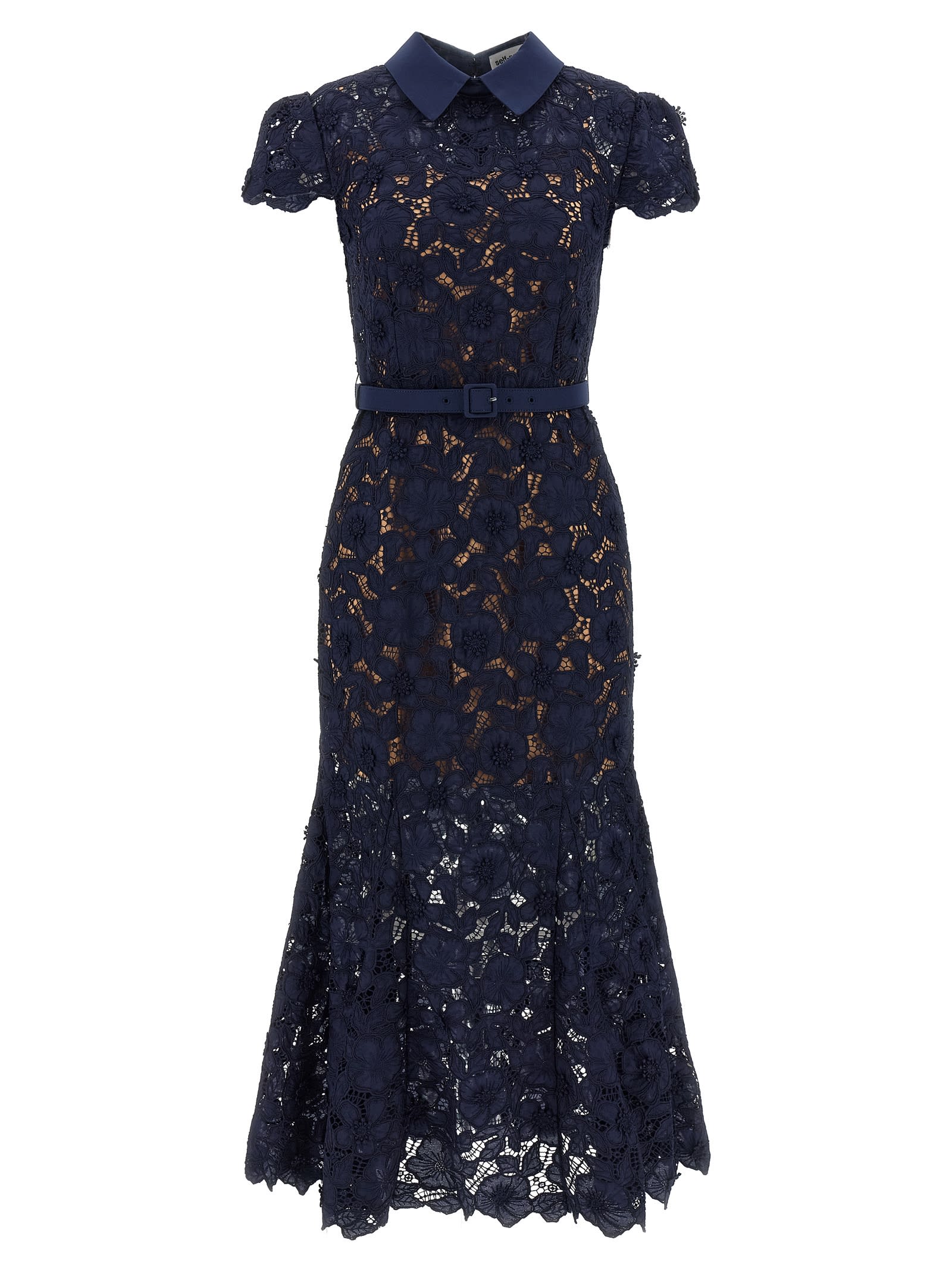 Self-portrait Navy Guipure Lace Midi Dress In Blue