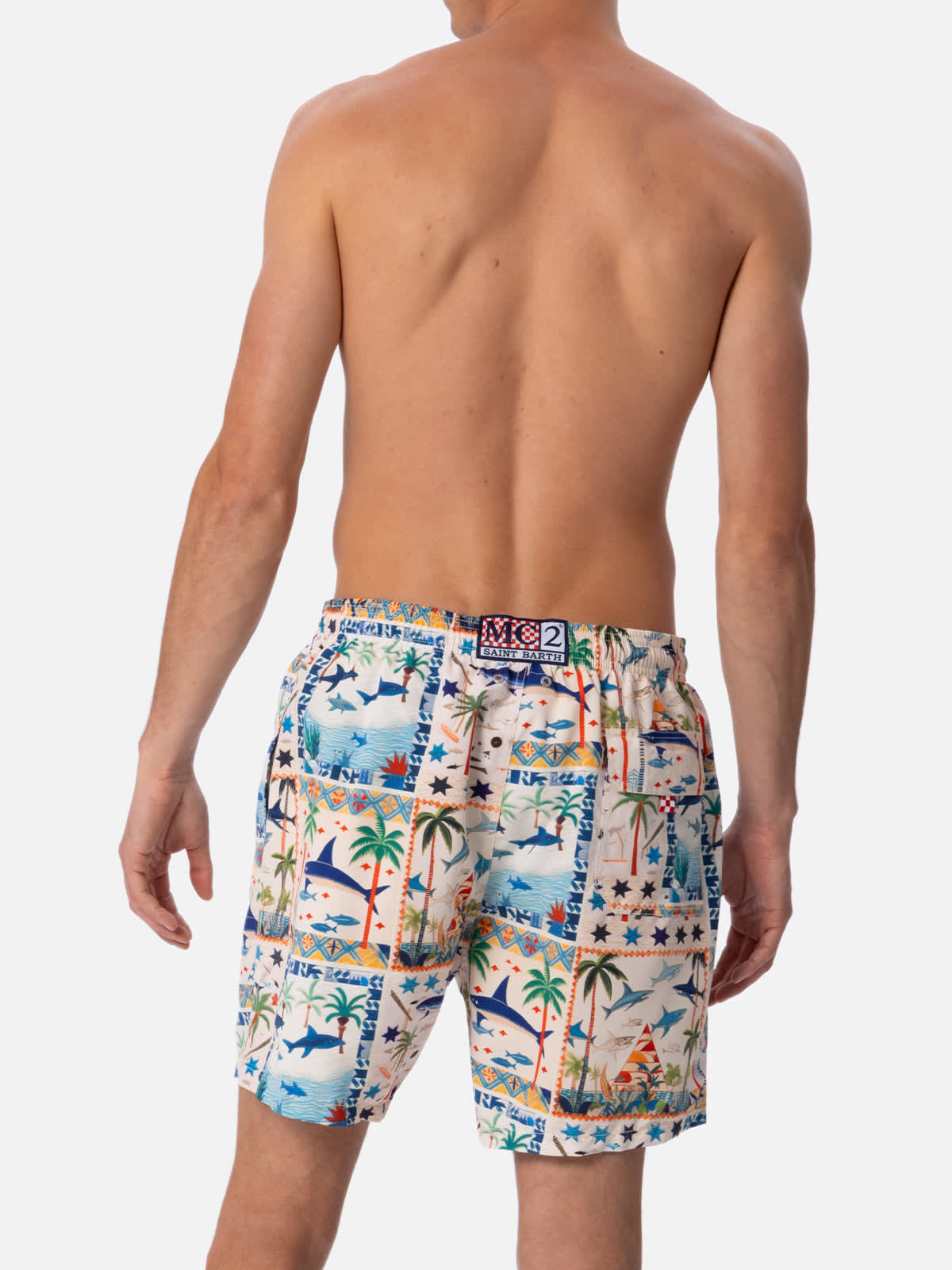 Shop Mc2 Saint Barth Man Mid-length Gustavia Swim-shorts With Egyptian Shark Print Ai Co-created Design By Rickdick - Pow In White