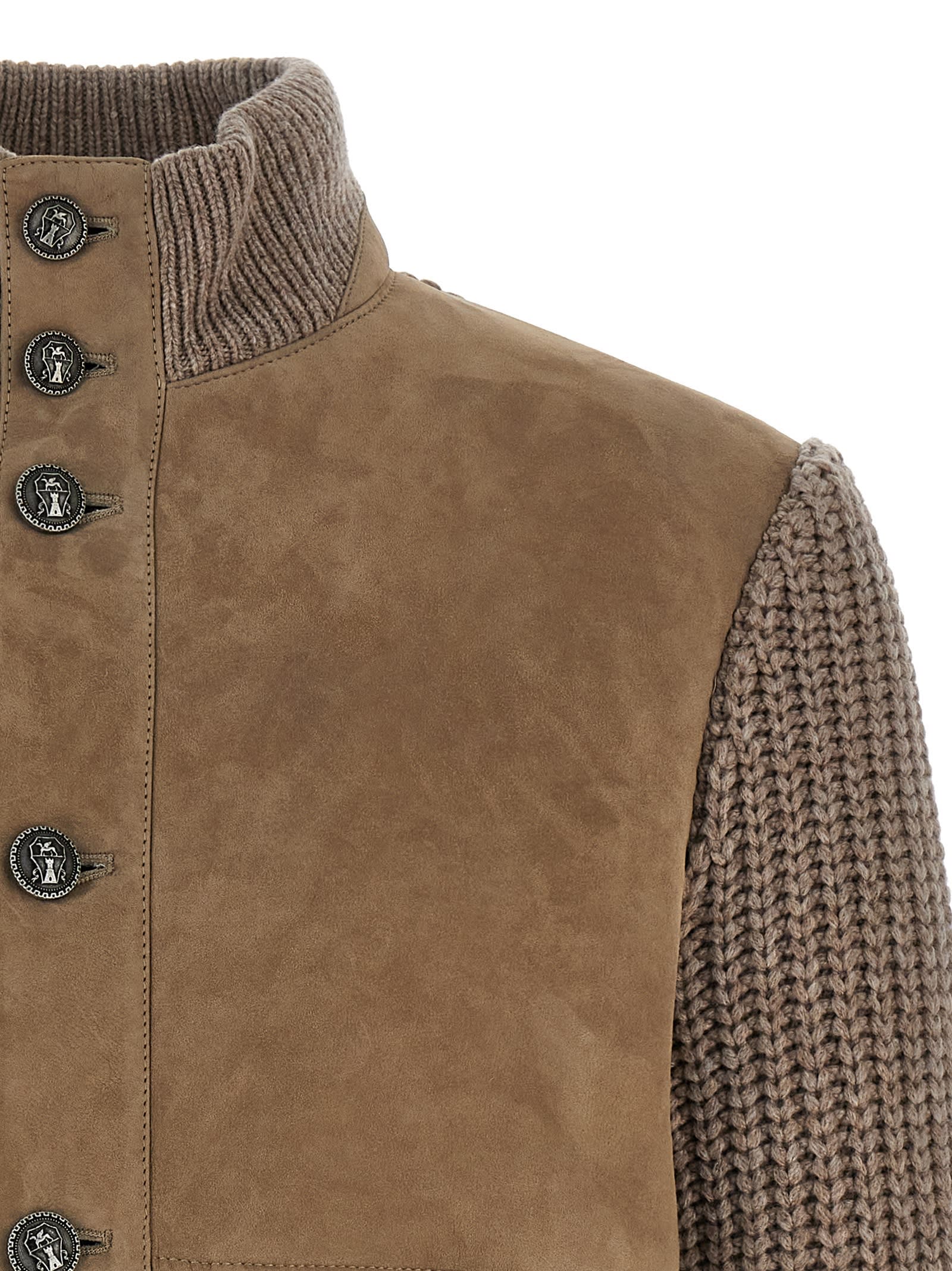 Brunello Cucinelli Bomber Jacket With Knitted Back And Textured Knit Sleeves In Brown