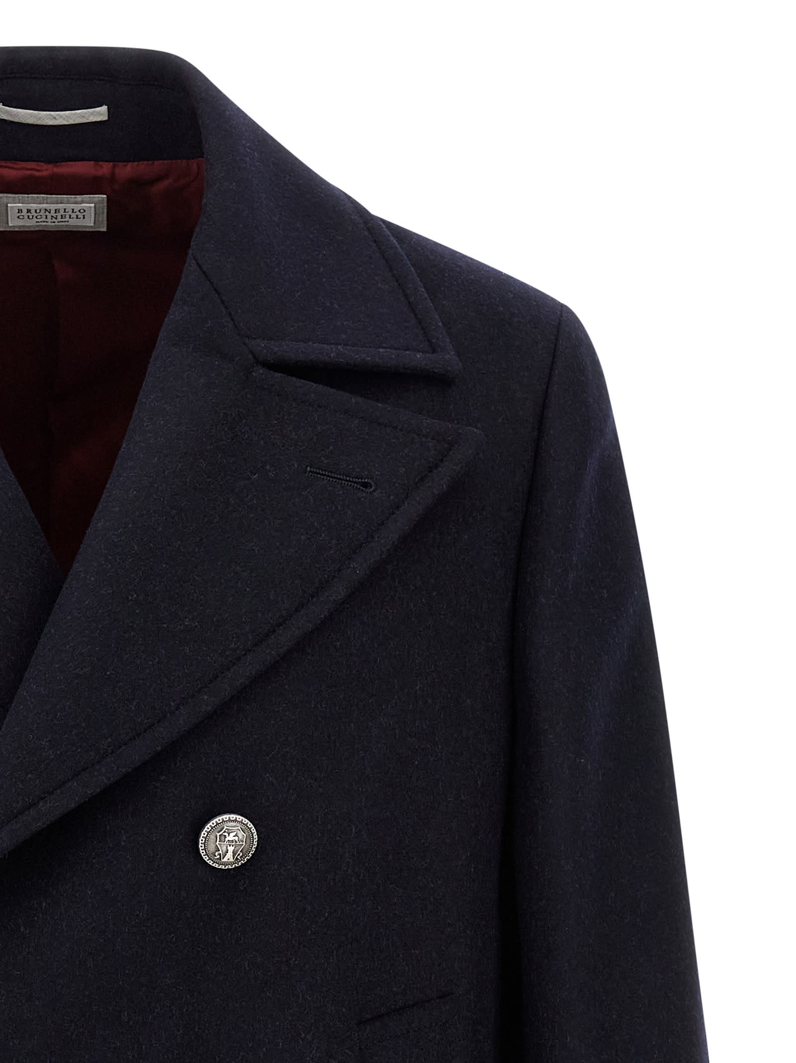 Brunello Cucinelli Navy Blue Double Flannel Caban Blazer In Black