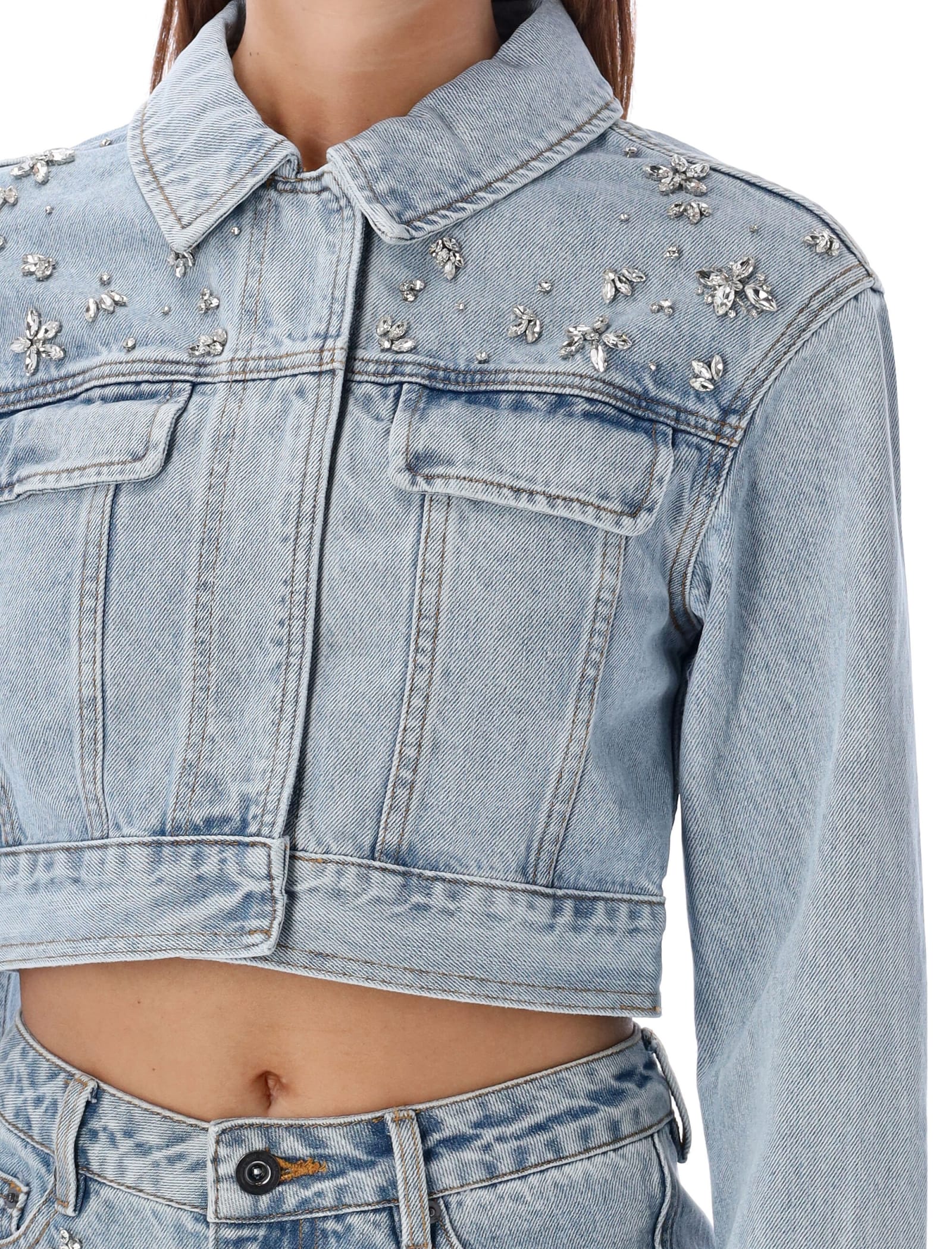 Shop Self-portrait Denim Cropped Jacket Crystal In Light Blue