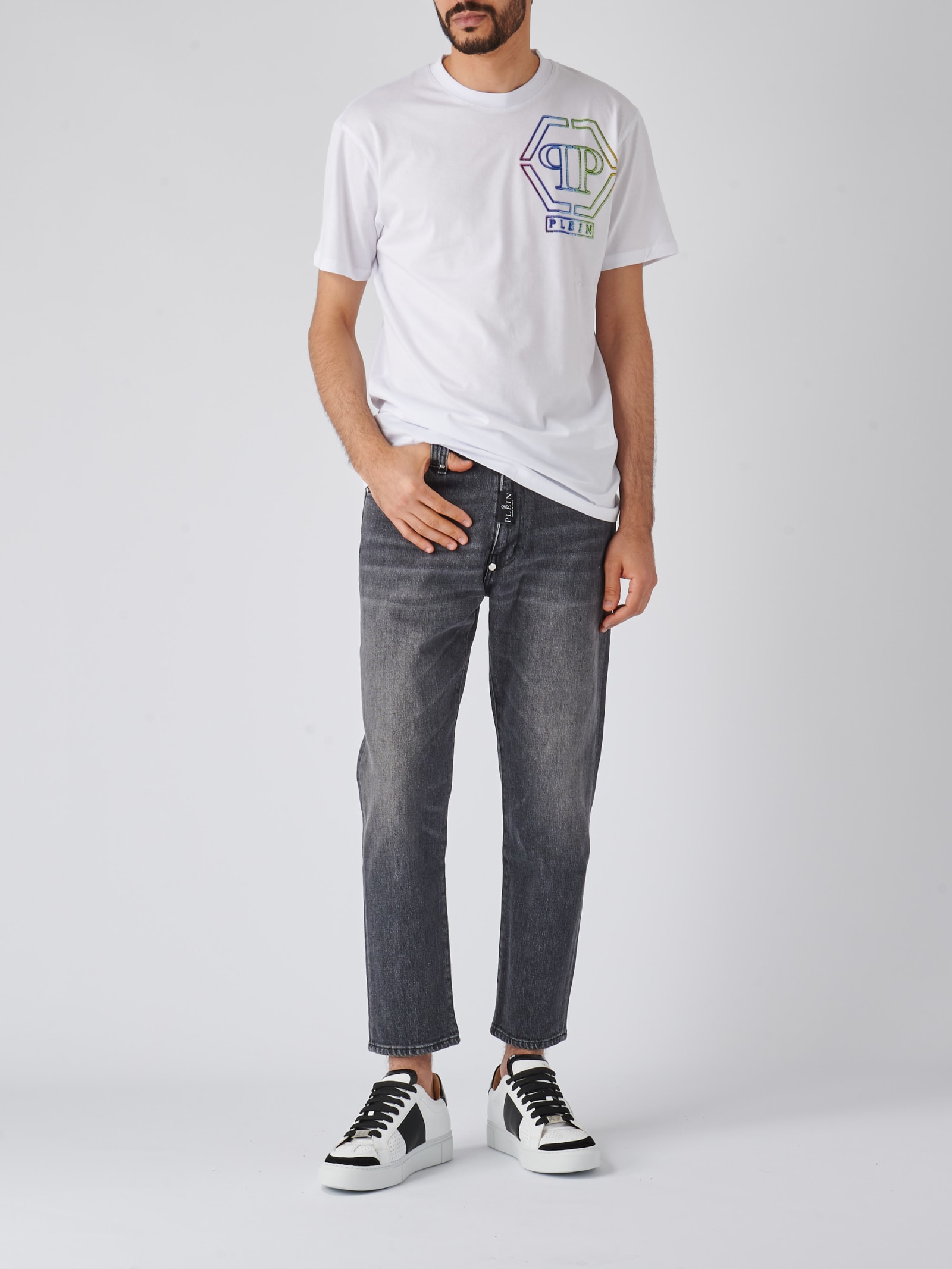 Shop Philipp Plein T-shirt V-neck Ss T-shirt In Bianco