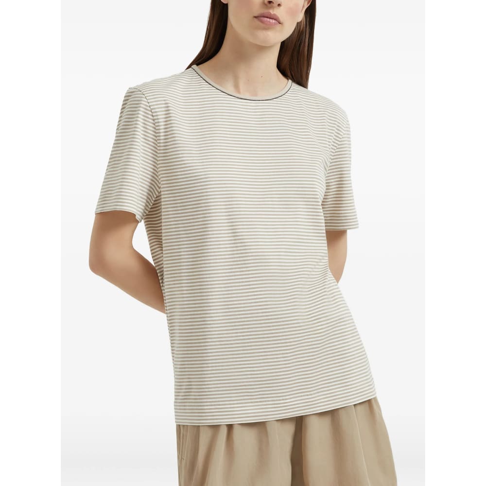 Brunello Cucinelli Striped Crew Neck T-shirt With Keyhole Detail In Neutral