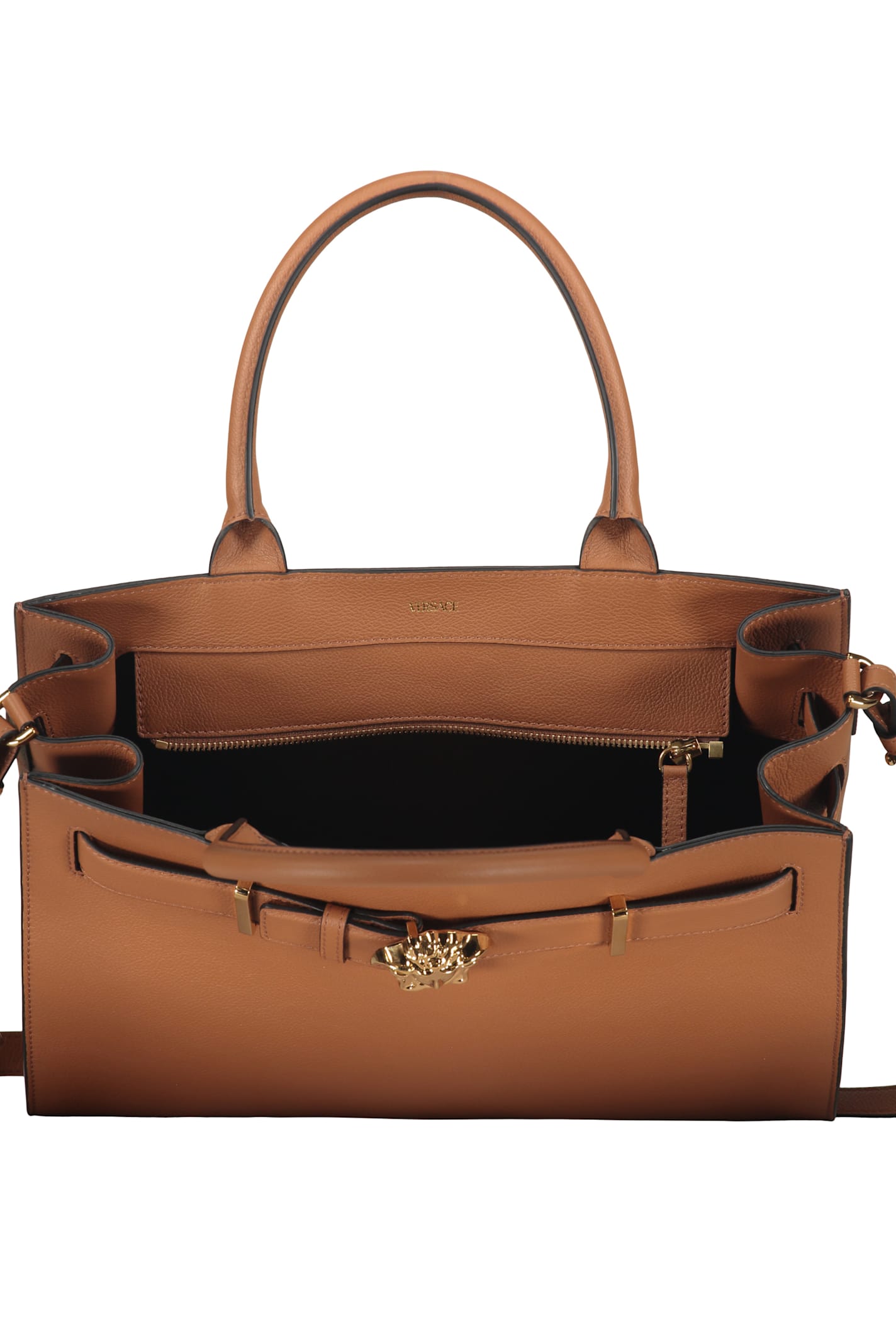 Versace Elegant And Sophisticated Brown Leather Handbag In Brown
