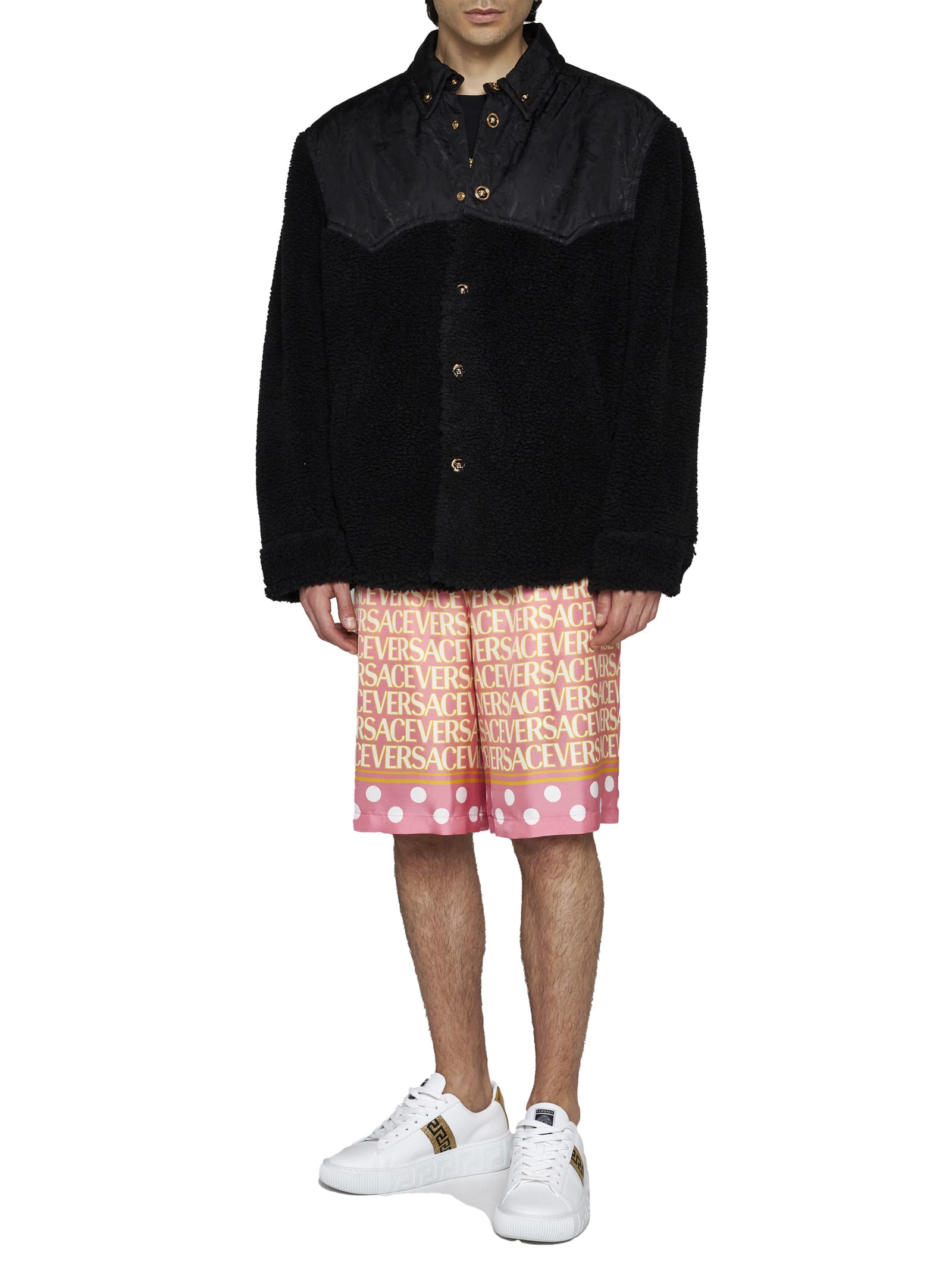 Versace Faux Shearling And Technical Jacquard Jacket In Black