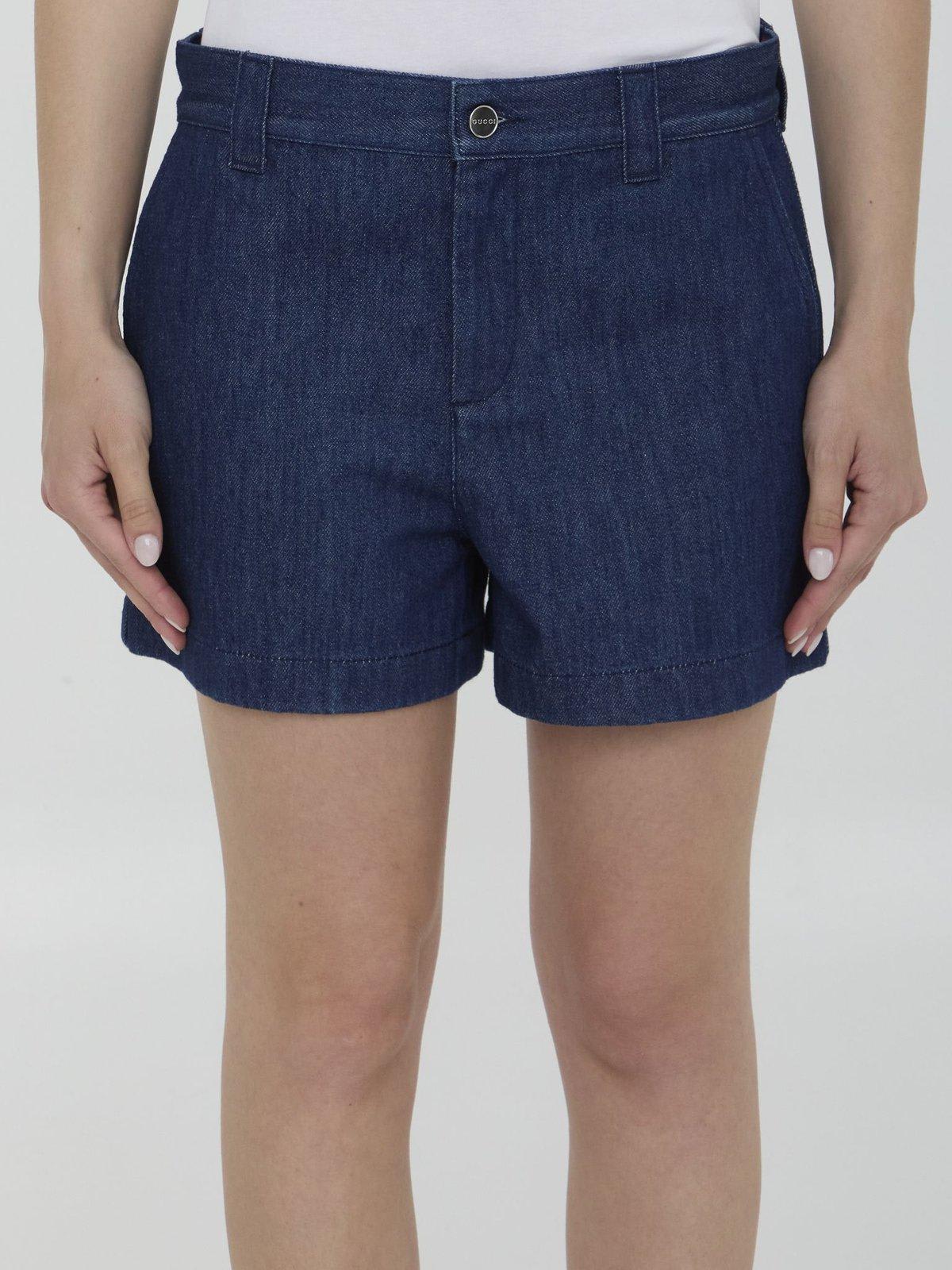 Shop Gucci Logo Detailed Low-waisted Shorts In Dark Blue Mix