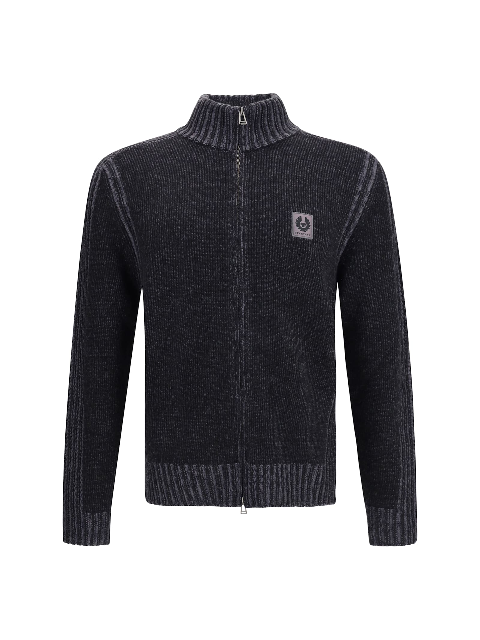 Belstaff High Collar Long Sleeve Zip Knit Sweater In Gray