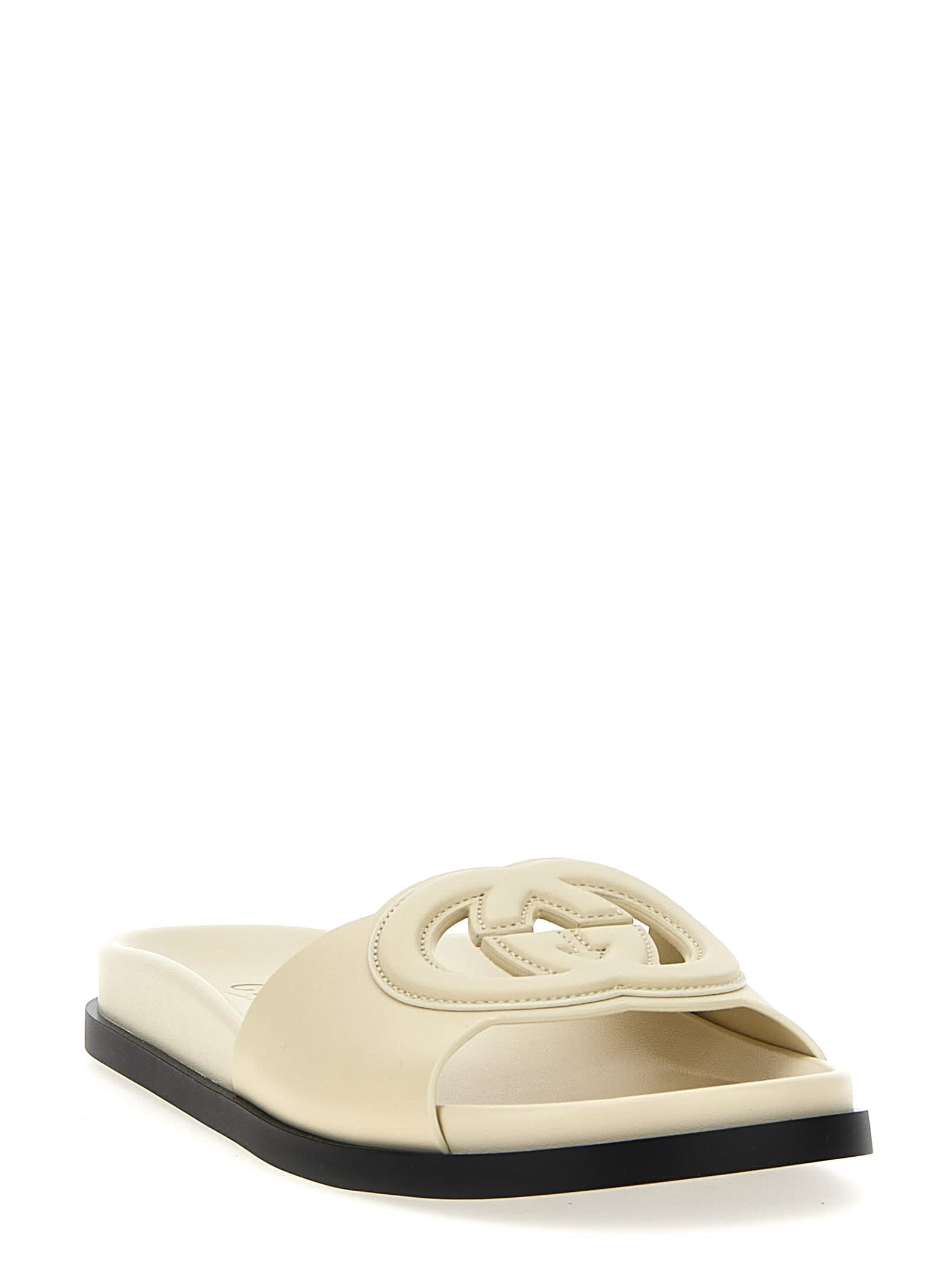 Gucci Logo Cut Out Slides Sandals White