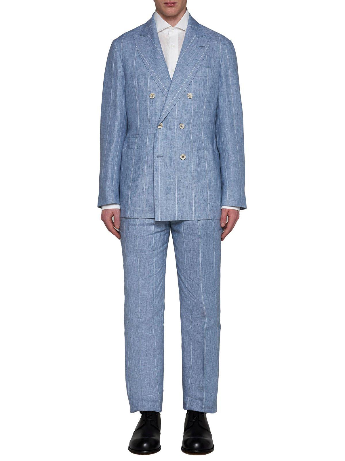 Shop Brunello Cucinelli Double-breasted Striped Tailored Suit In Clear Blue