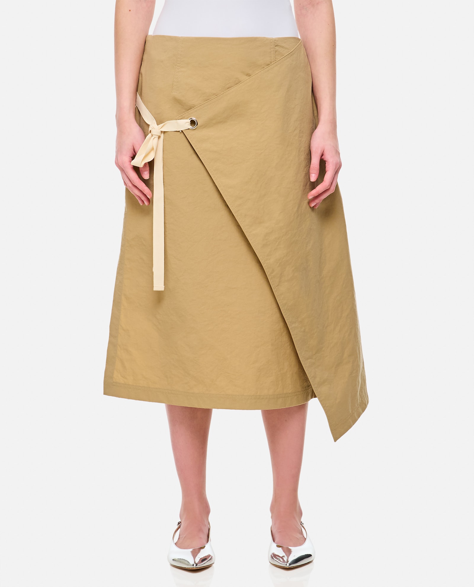 Plan C Asymmetrical Flared Skirt With Front Tie Detail In Beige