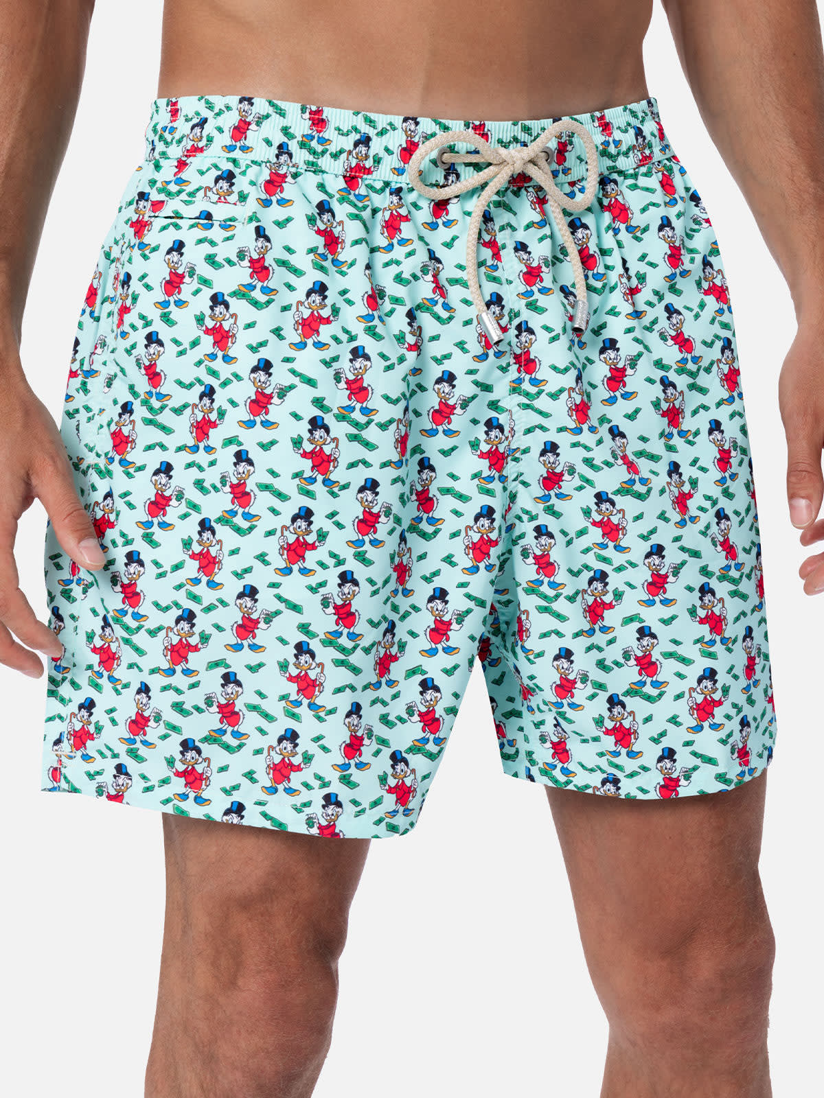 Mc2 Saint Barth Man Lightweight Fabric Swim-shorts Lighting Micro Fantasy With Scrooge Print Disney Special Edition In Verde Acqua