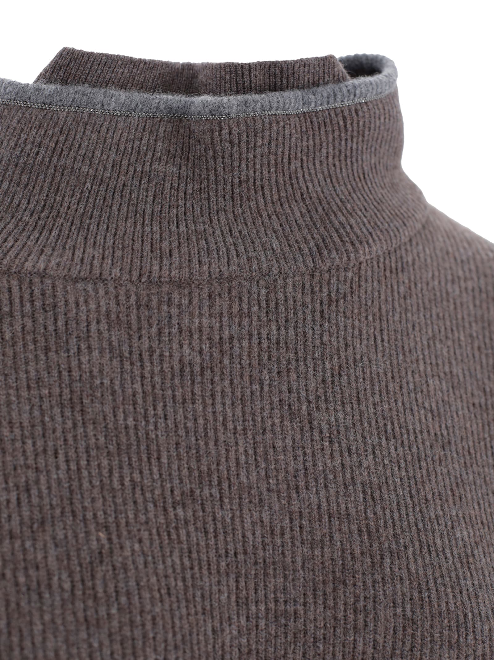 Brunello Cucinelli Knitwear With High Collar And Double Trim In Brown