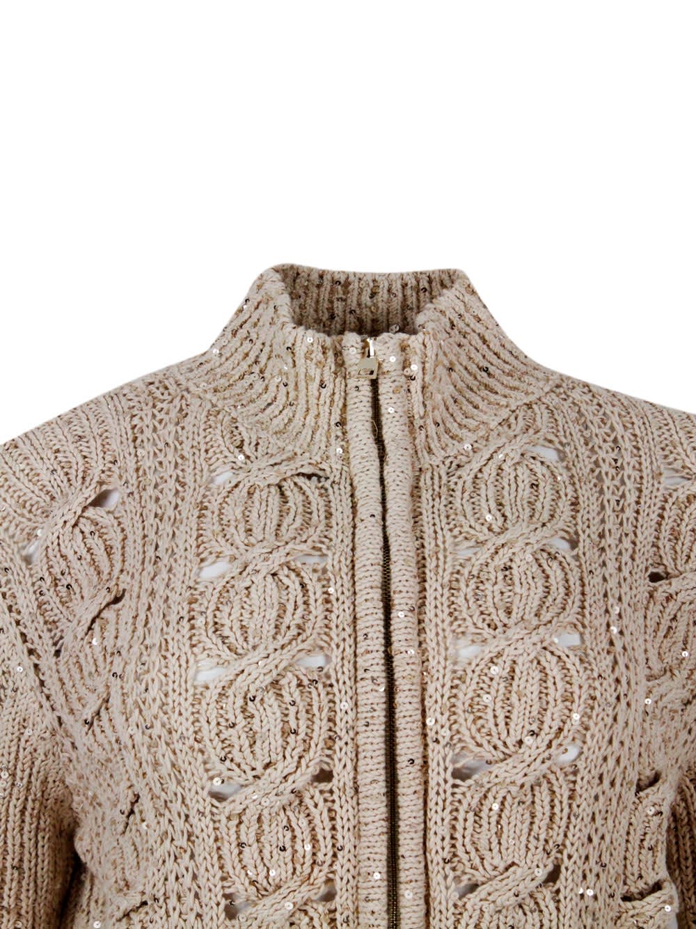 Shop Lorena Antoniazzi Long-sleeved Full-zip Cardigan Sweater In Cotton Thread With Braided Work Embellished With Applied M In Gold