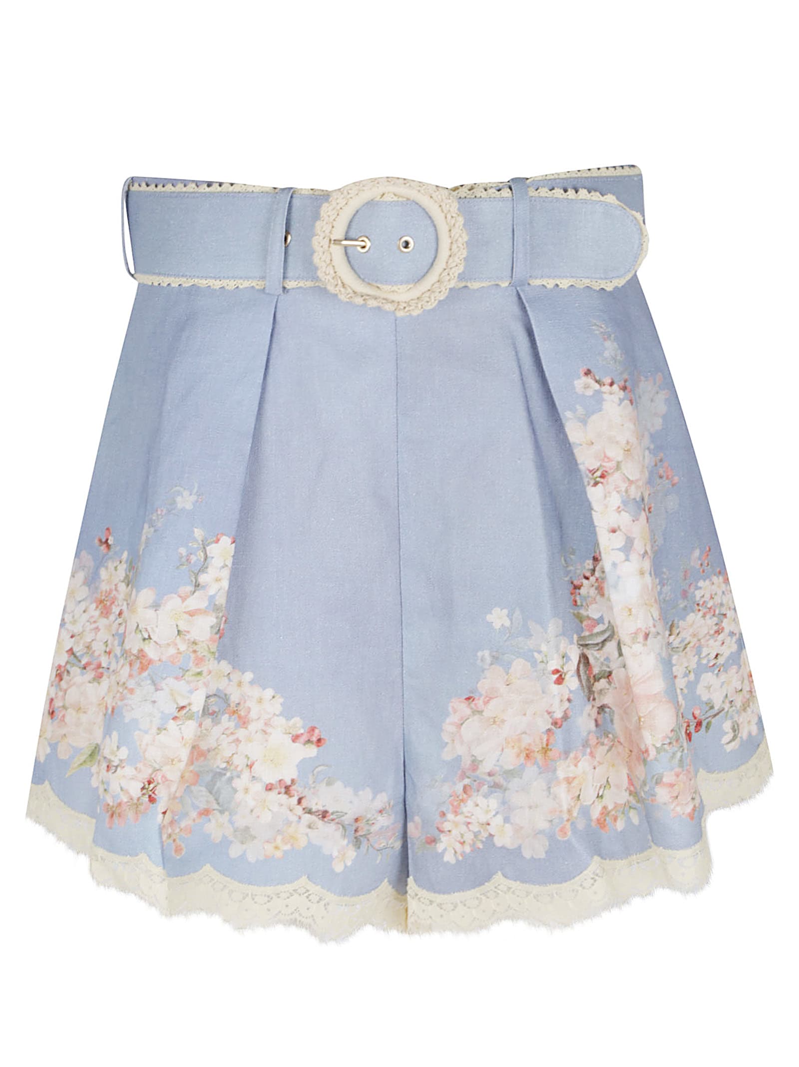 Zimmermann Teal Blue Botanical Floral Linen Cascadian Shorts In Blue