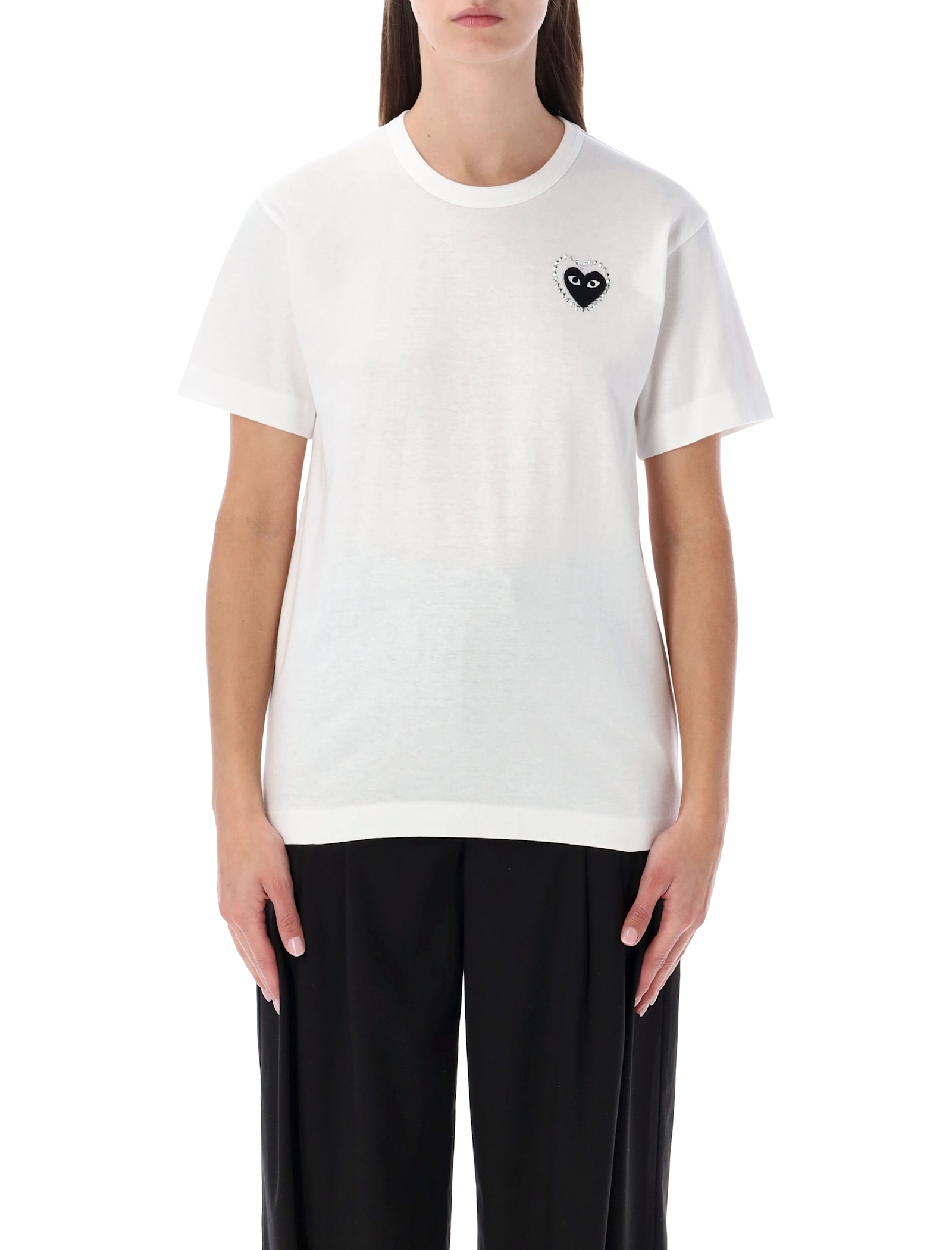 Comme Des Garçons Play White Cotton T-shirt With Crystal Heart In White