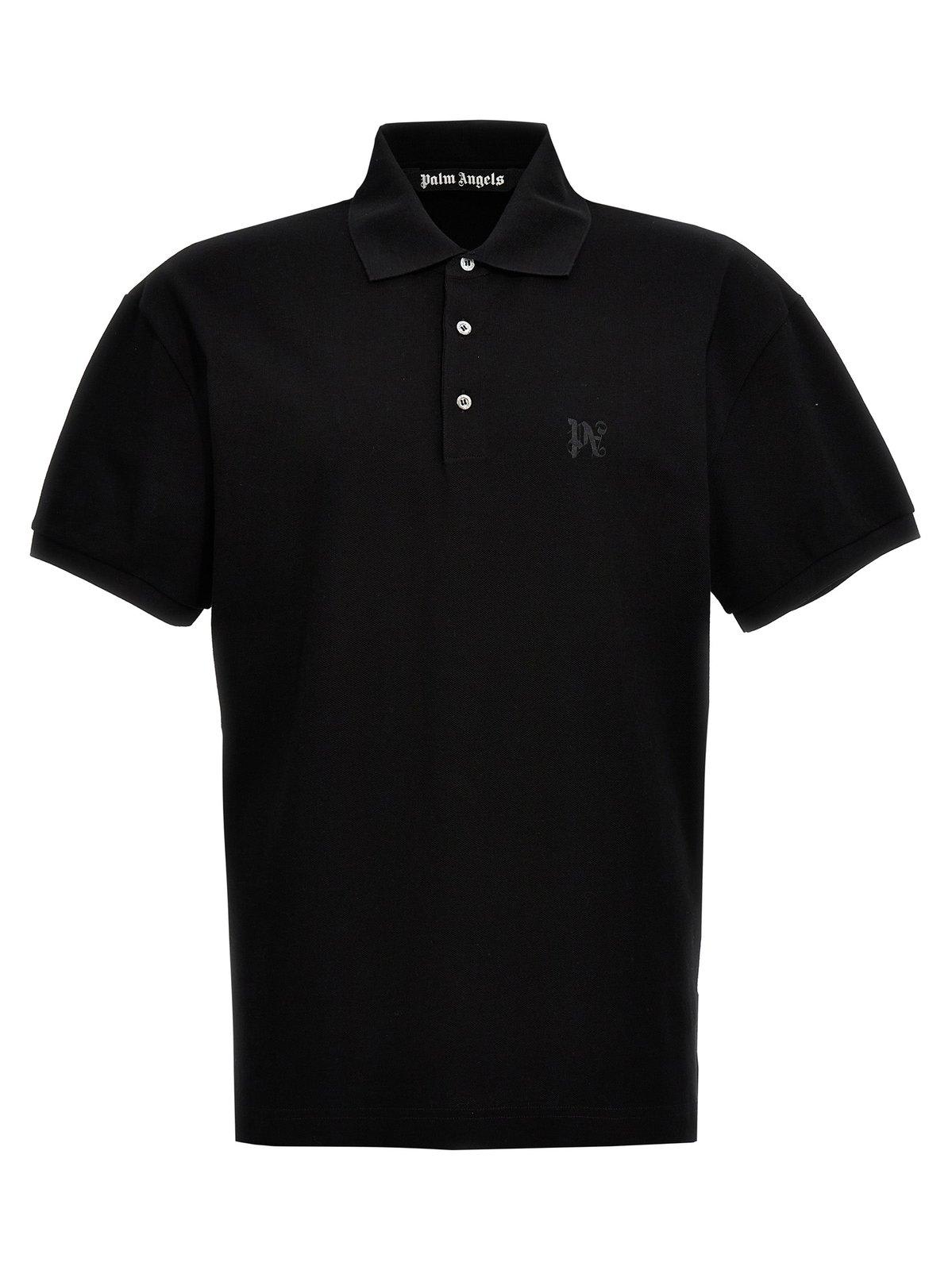 Palm Angels Monogram Embroidered Short-sleeved Polo Shirt In Black