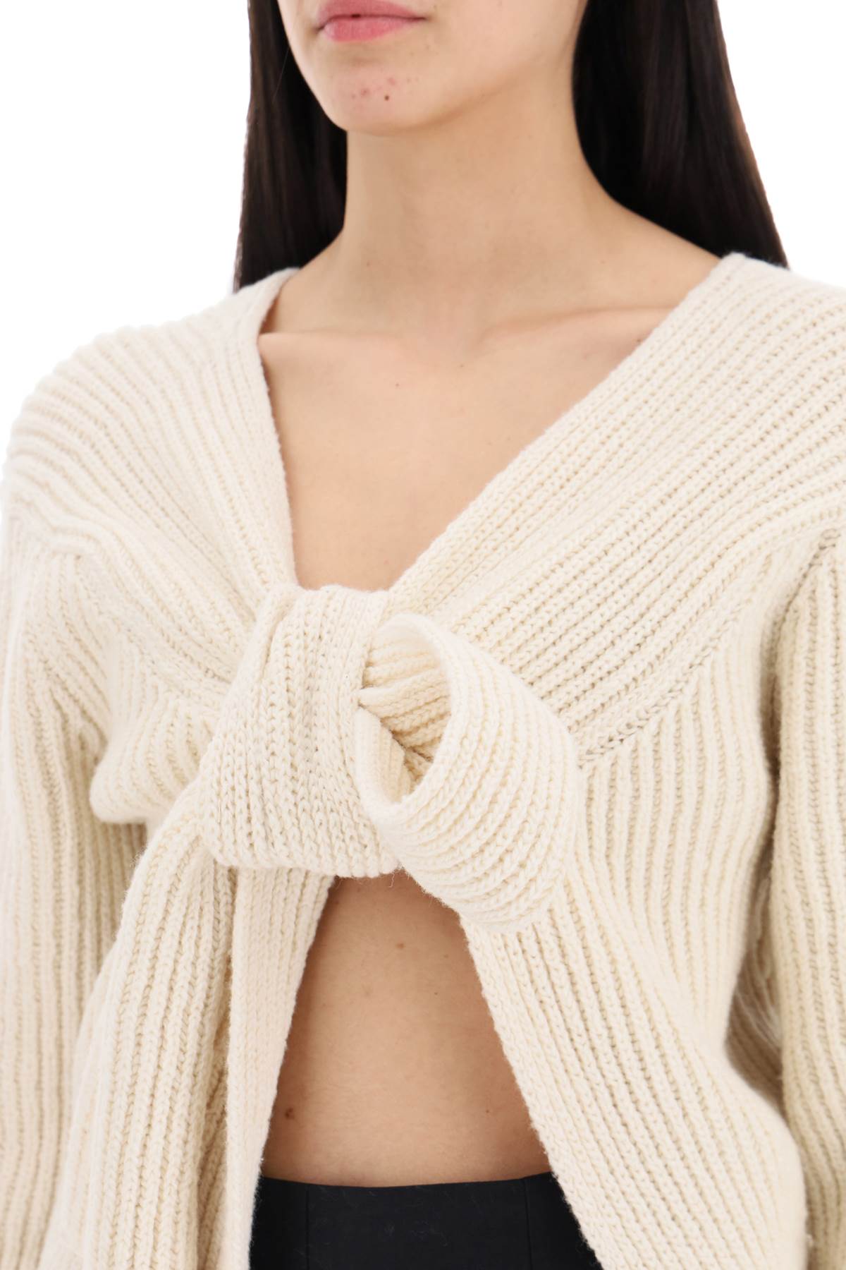 Shop Jil Sander Ribbed Sweater With Tieable Closure In Coconut (beige)