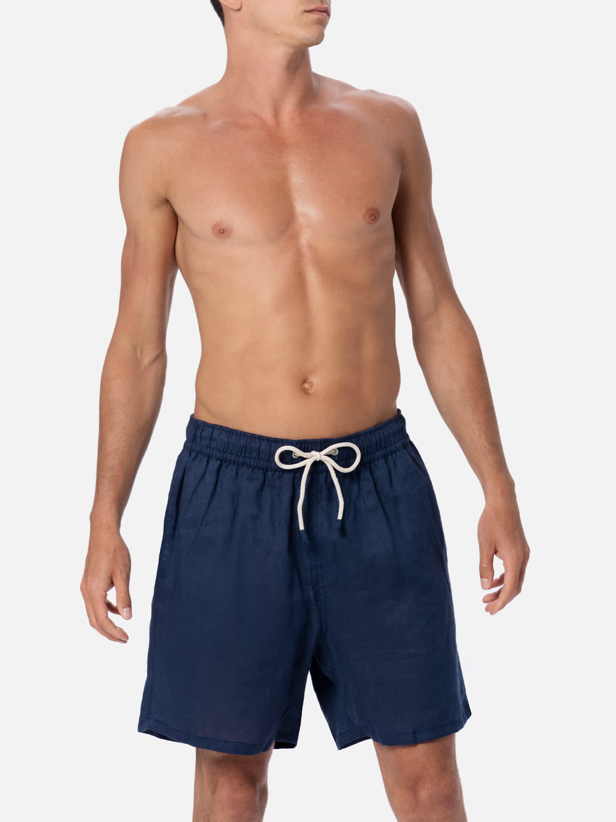 Shop Mc2 Saint Barth Man Mid-length Navy Blue Linen Swim-shorts Gustavia