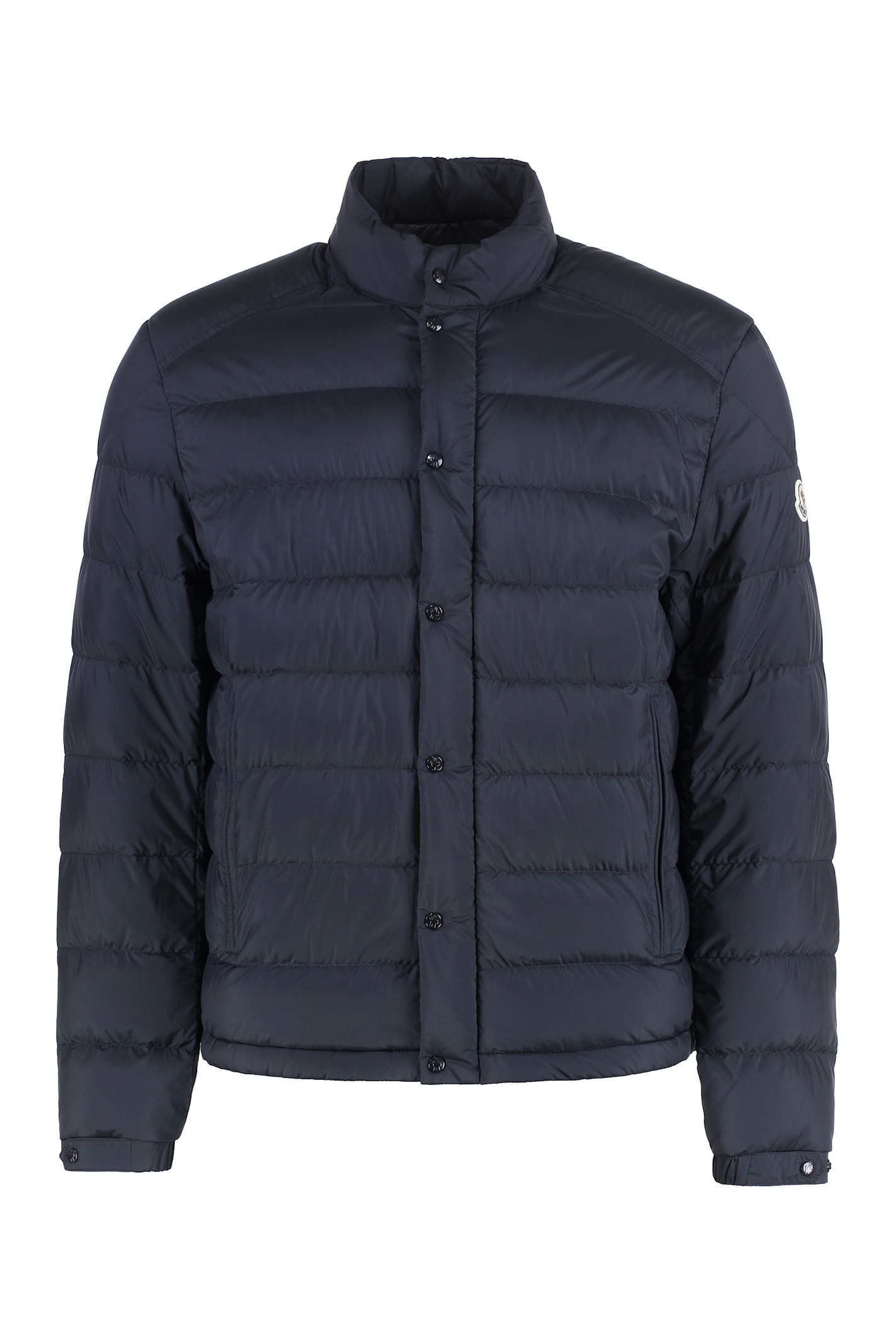 Moncler Padded High Collar Snap Button Down Jacket In Blue