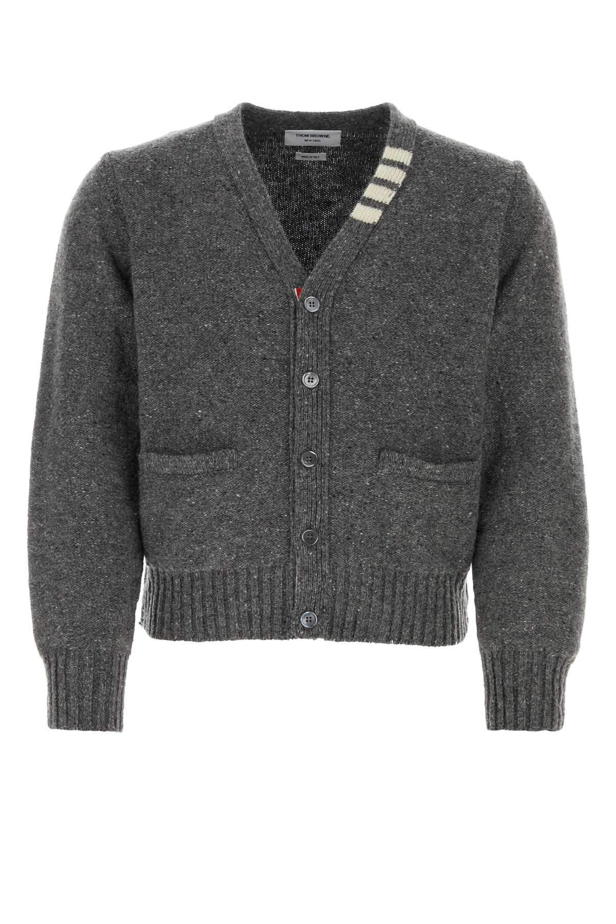 Shop Thom Browne Melange Dark Grey Wool Blend Cardigan In 035