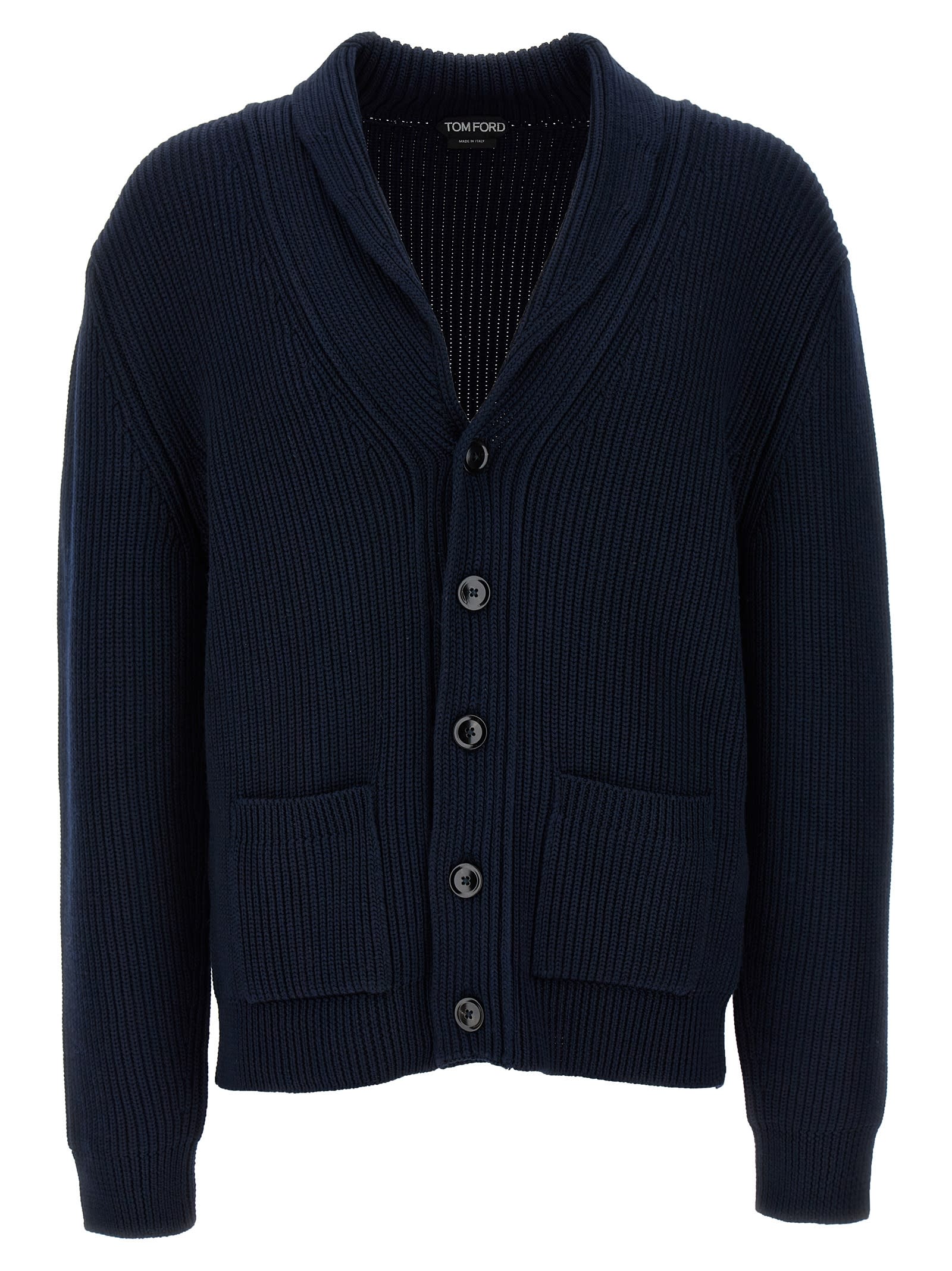 Tom Ford Silk Cardigan With Front Pockets And Shawl Collar In Blue