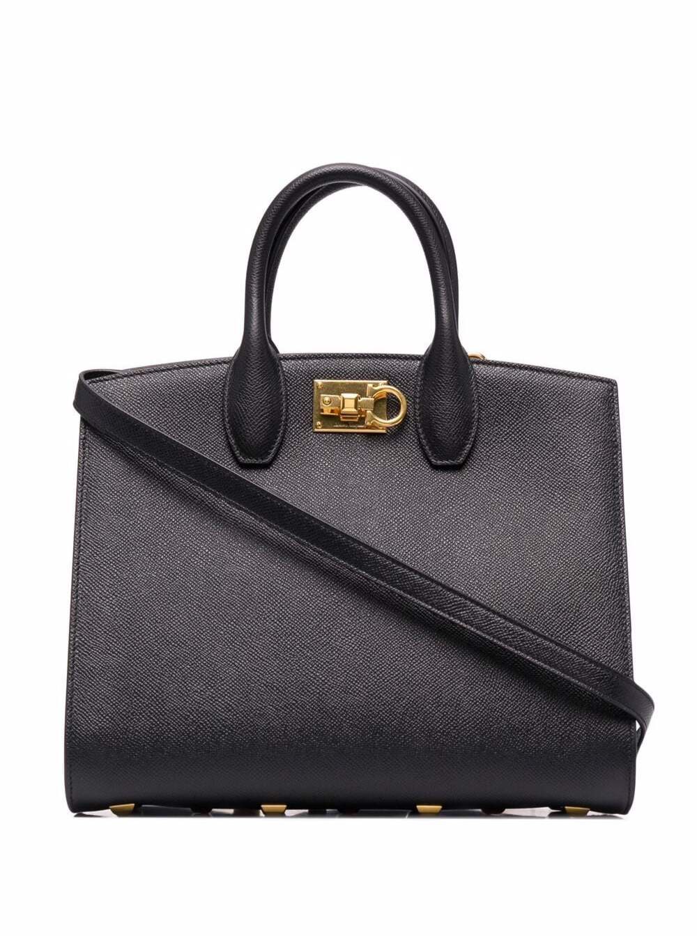 Shop Ferragamo Studio Box Black Bag With Gancini Buckle And Shoulder Strap In Grained Leather Woman