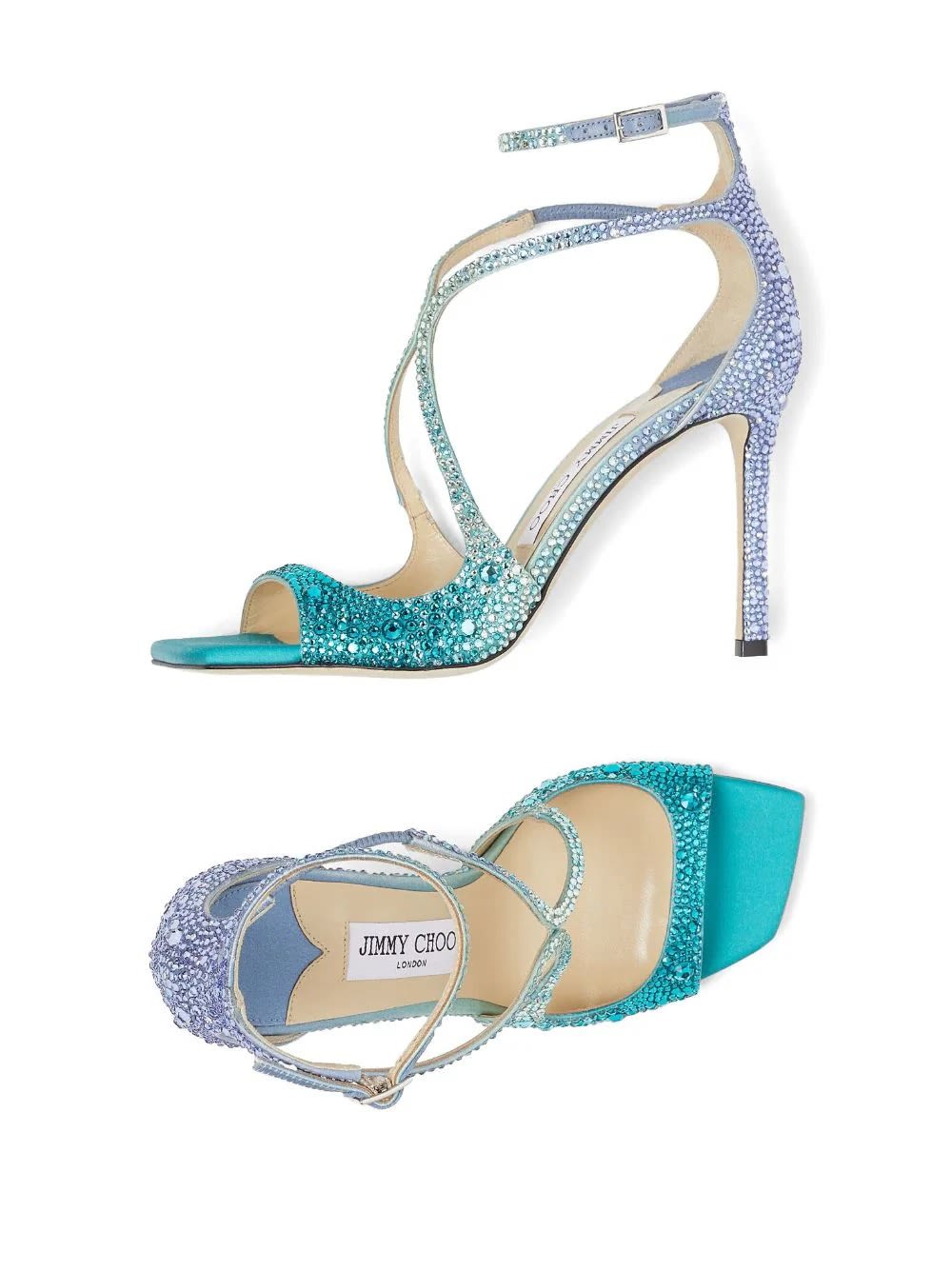 Shop Jimmy Choo Azia 95 Sandal In Blue Peacock With Crystals