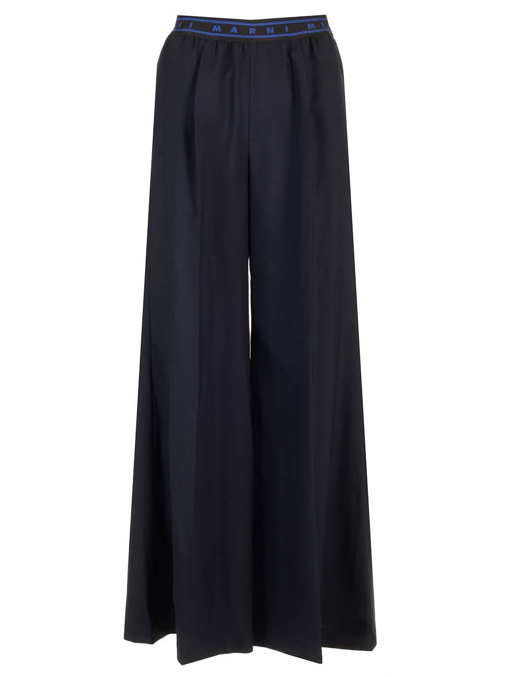 Shop Marni Wool Crepe Palazzo Trousers In Blue