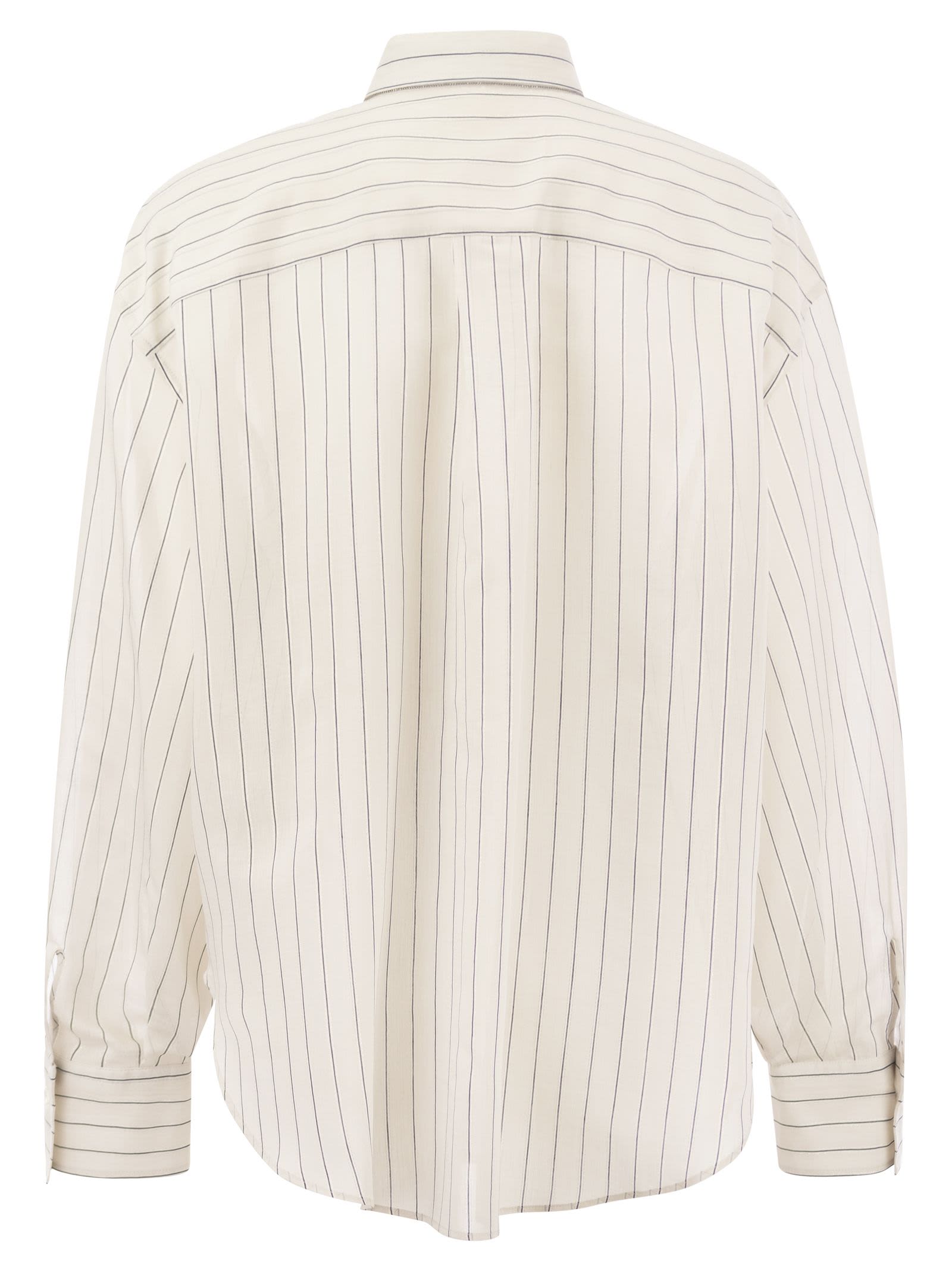 Shop Brunello Cucinelli Sparkling Stripe Cotton-silk Poplin Shirt With Necklace In White