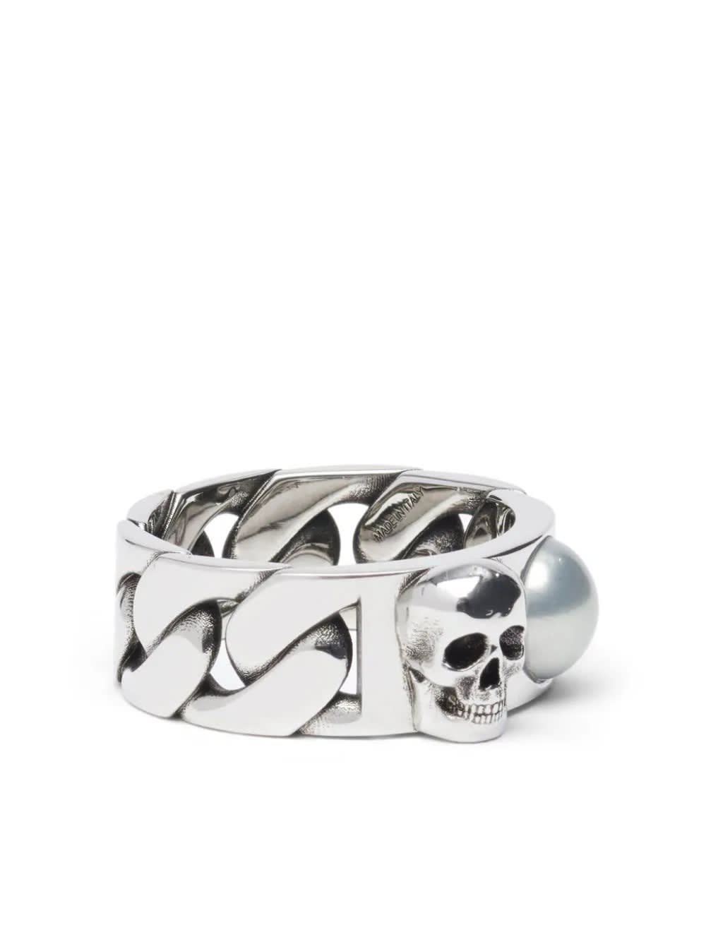 Shop Alexander Mcqueen Pearl And Skull Chain Ring In Antique Silver