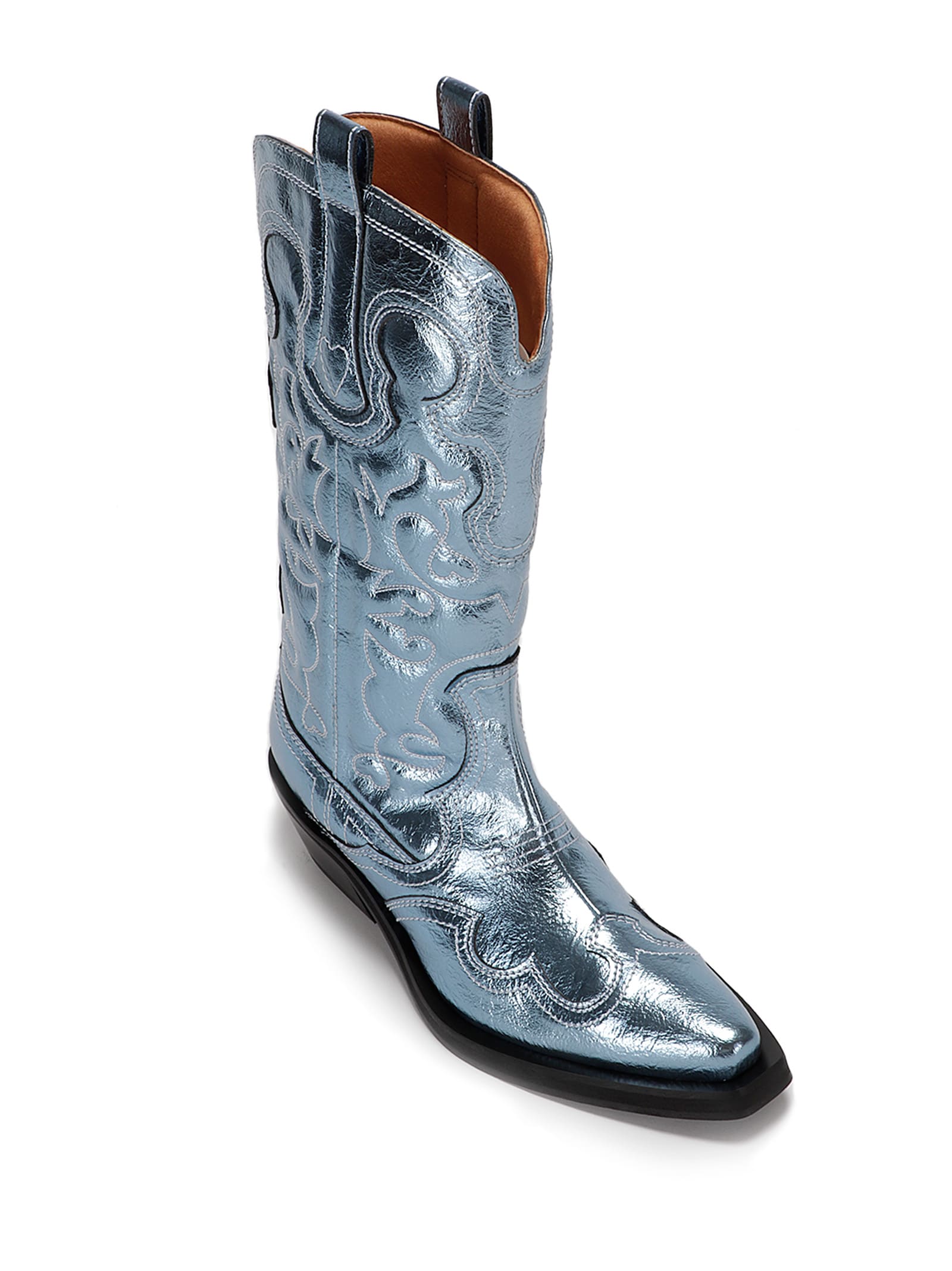 Shop Ganni Mid Shaft Embroidered Western Boot Metallic In Blue Curacao