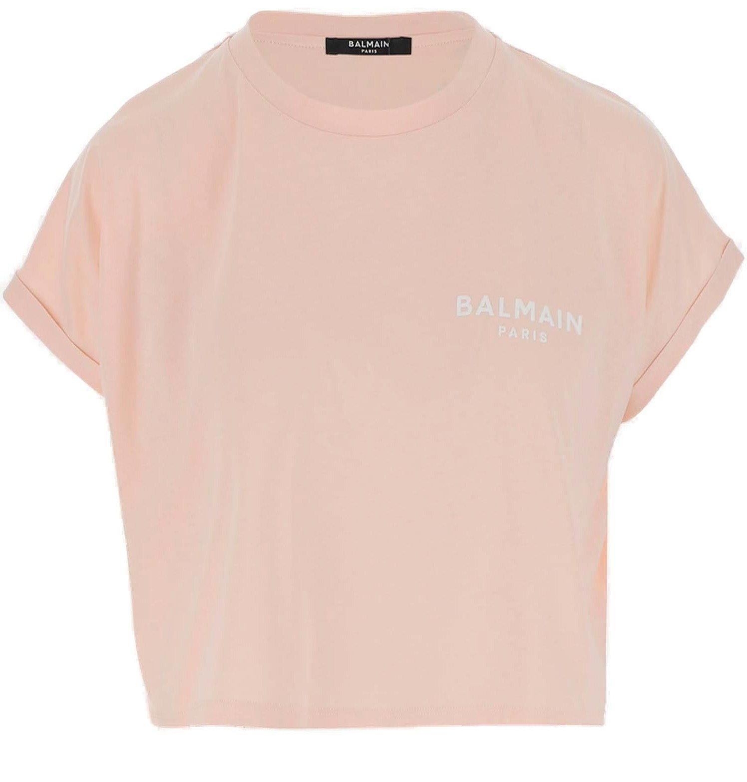 Shop Balmain Logo Printed Short-sleeved Cropped T-shirt In Rosa/bianco