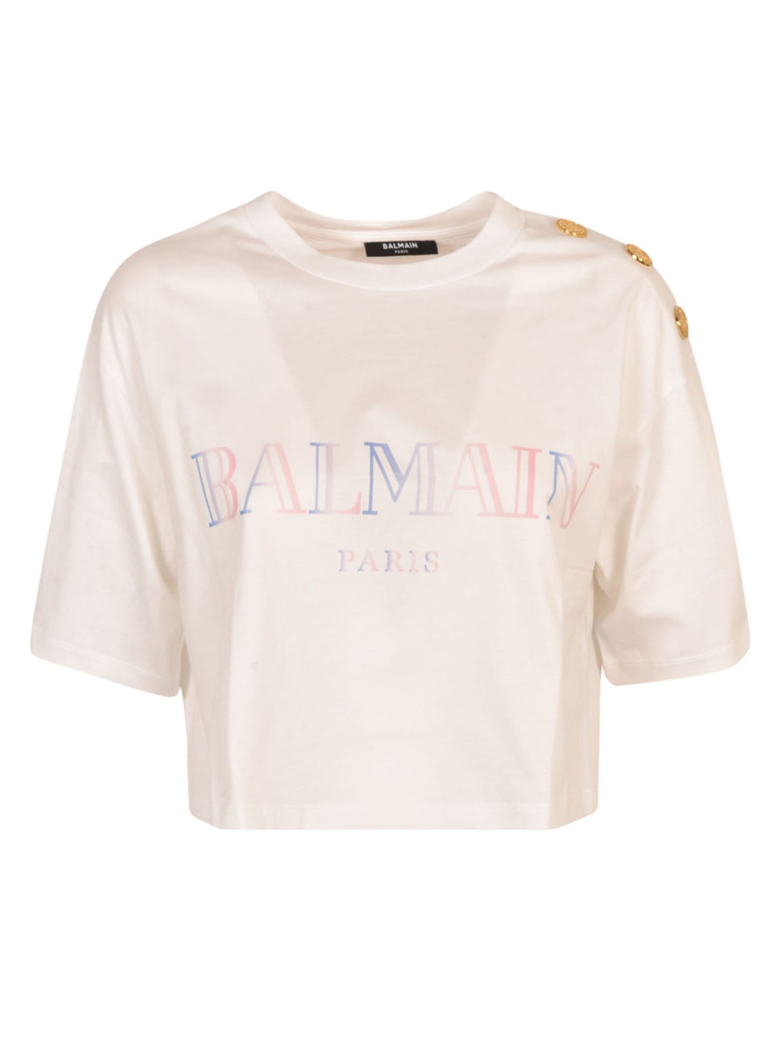 Balmain Logo Print Cropped T-shirt In Bianco/multicolor