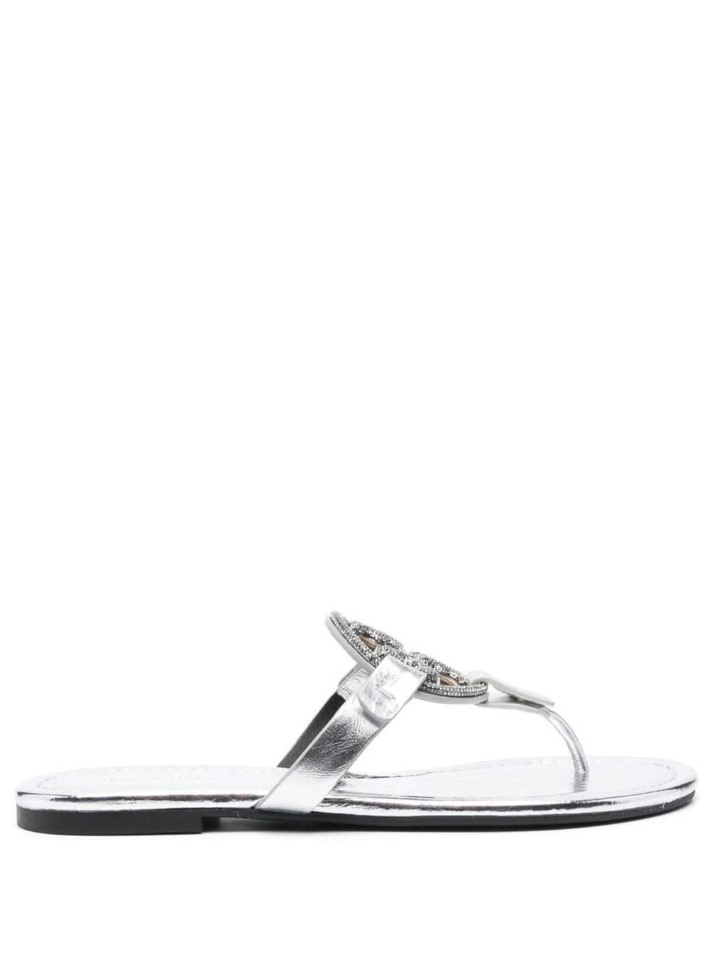 Shop Tory Burch Miller Silver-tone Thong Sandal With Crystal Embellished Logo In Metallic Leather Woman