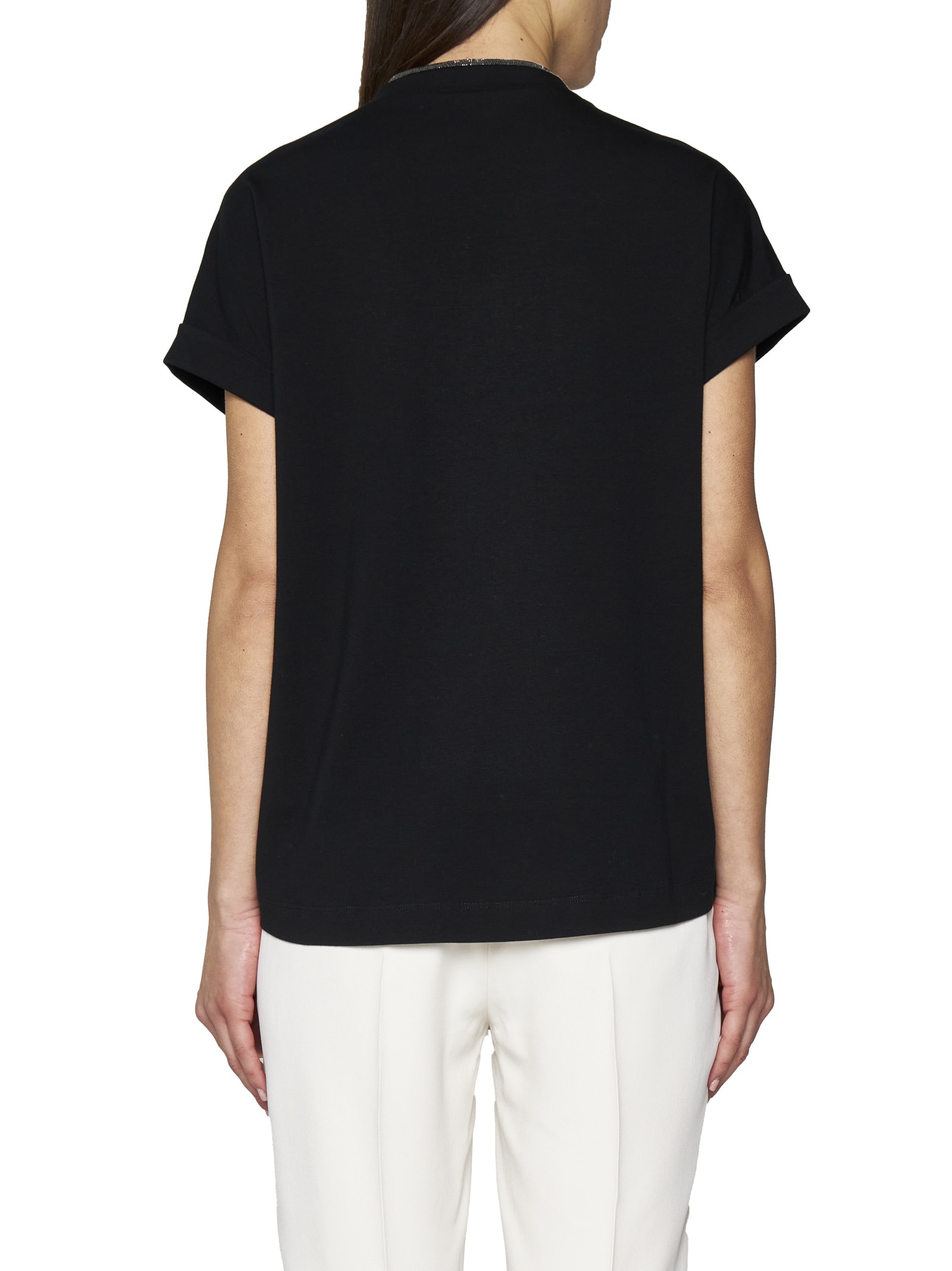 Brunello Cucinelli Black V-neck T-shirt With Monile Detail In Stretch Cotton Woman In Nero