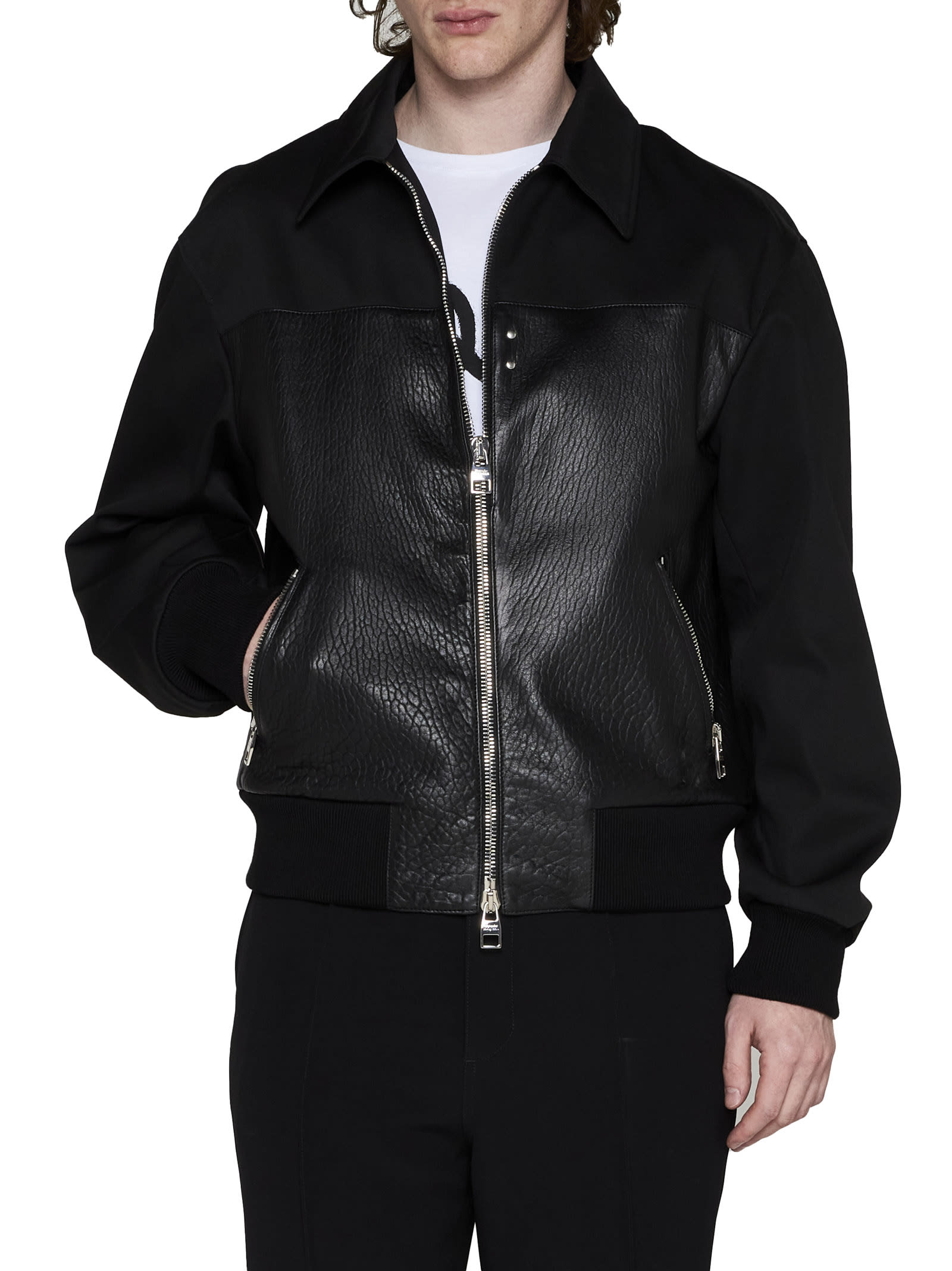 Alexander Mcqueen Leather And Fabric Bomber Jacket In Nero