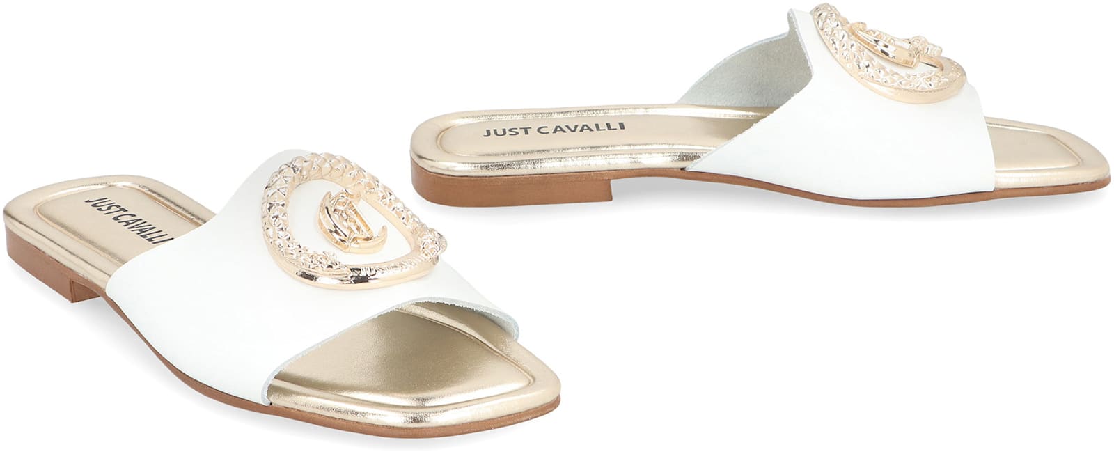 Just Cavalli Square Toe Leather Slides With Embellished Detail In White