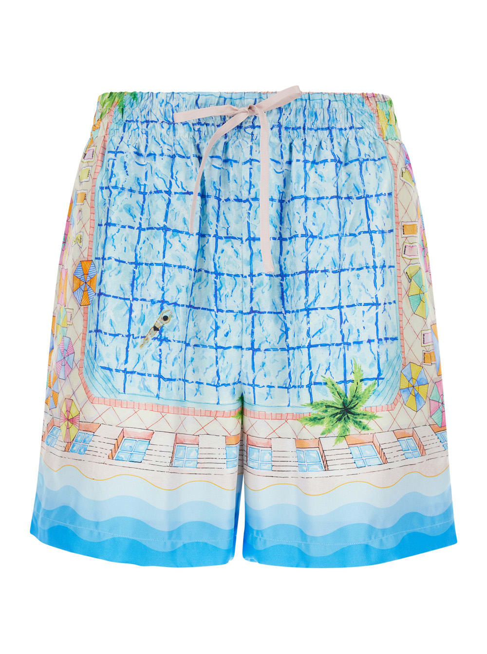 Shop Casablanca Light Blue Shorts With All-over Graphic Print In Silk Man