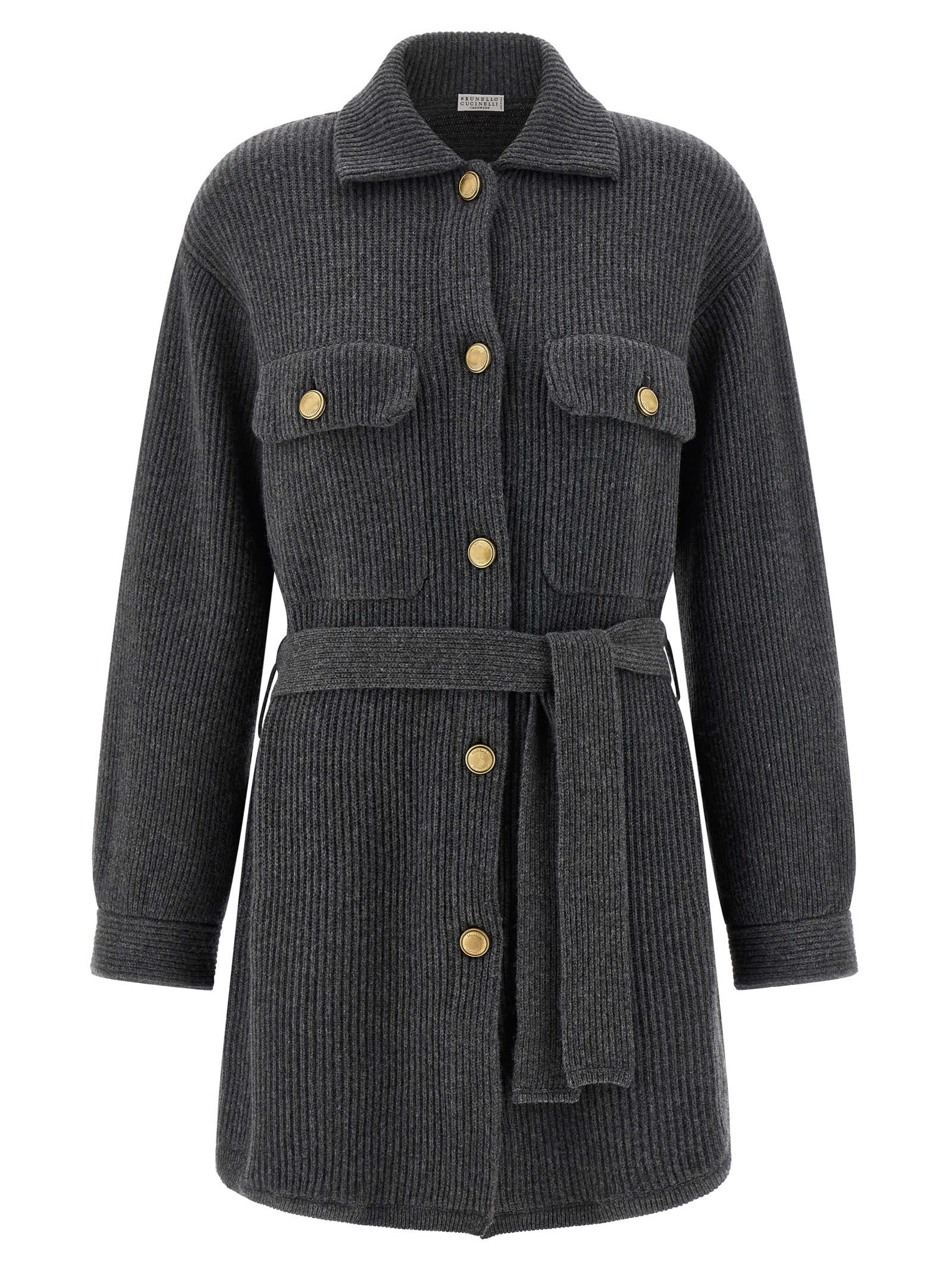 Brunello Cucinelli English Ribbed Cardigan In Gray